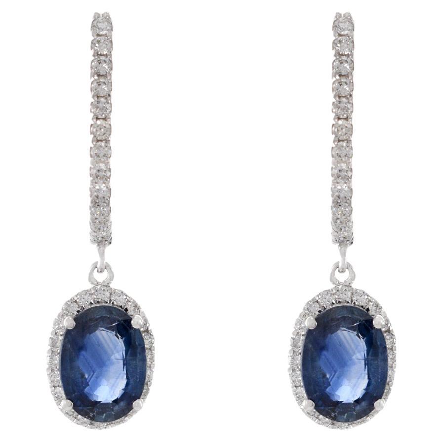 Pendientes Gota Oro Blanco 18KT Diamante y Zafiro Azul