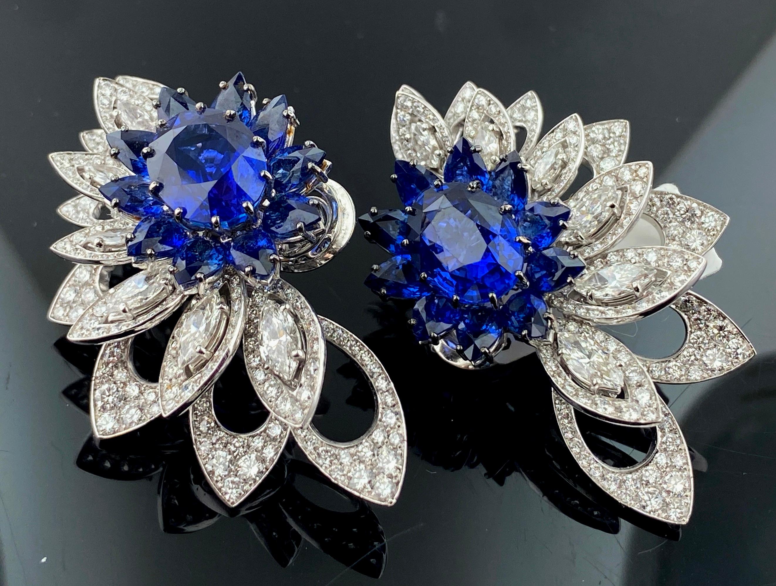 Oval Cut 18 Karat White Gold Diamond and Blue Sapphire Earrings For Sale