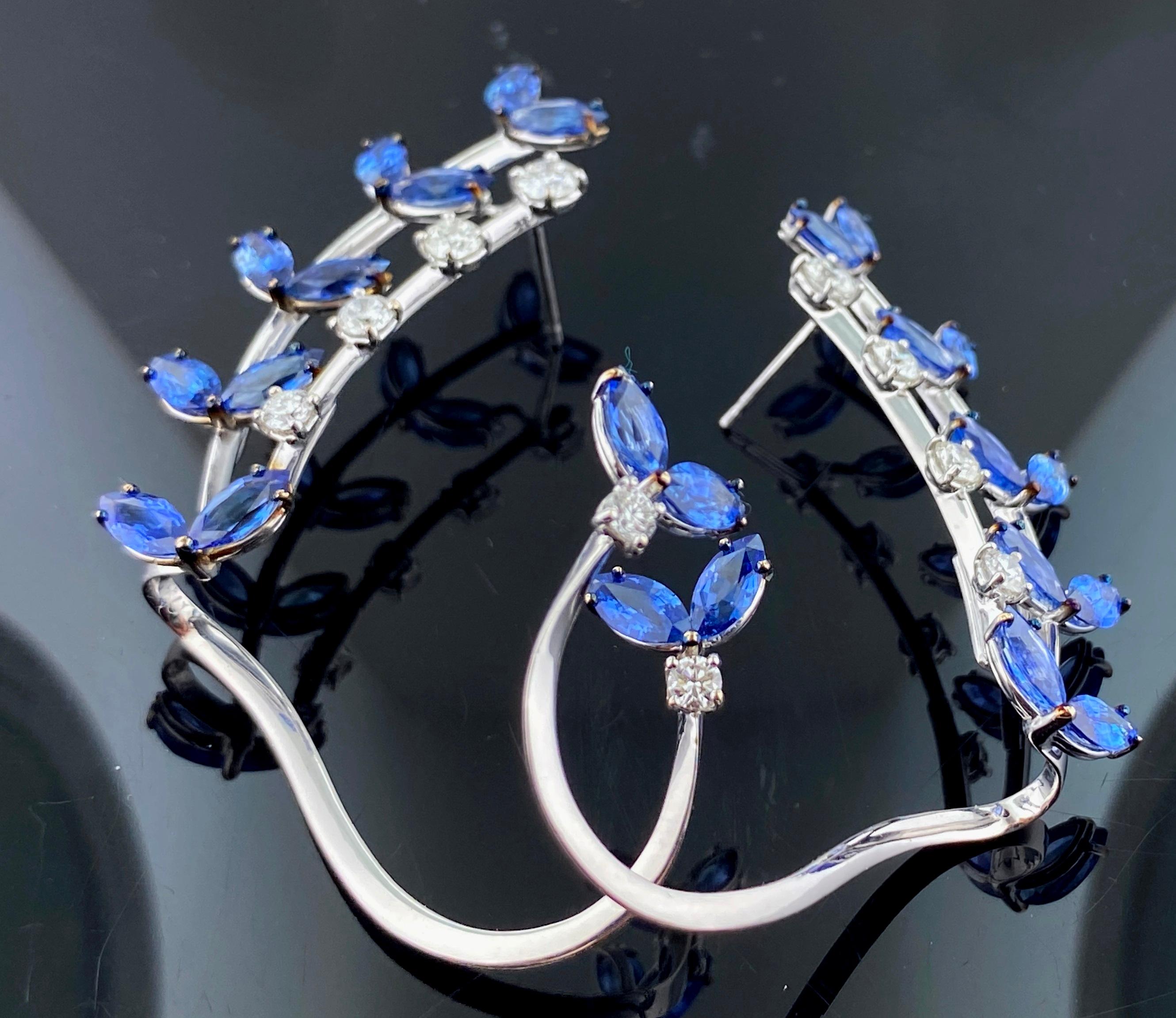 Marquise Cut 18KT White Gold Diamond and Blue Sapphire Earrings For Sale