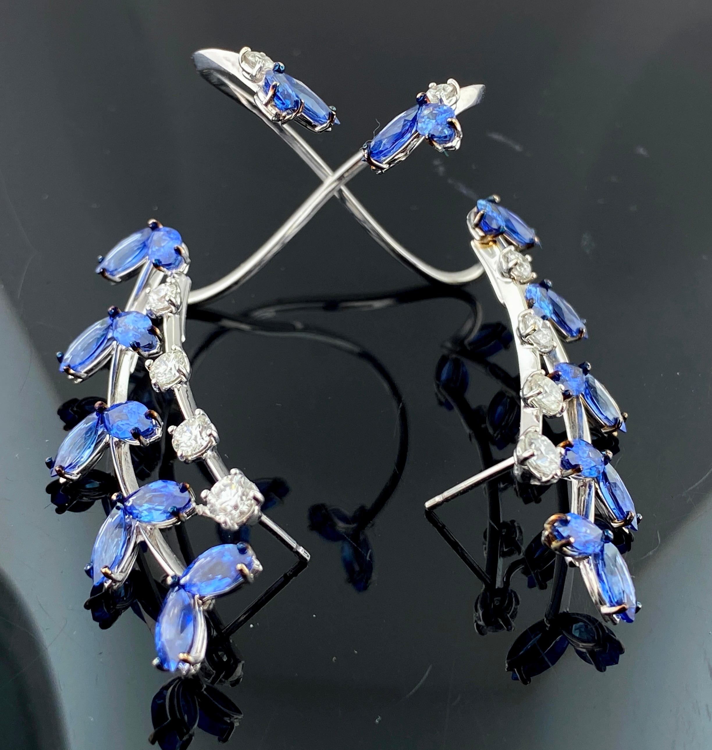 Women's or Men's 18KT White Gold Diamond and Blue Sapphire Earrings For Sale