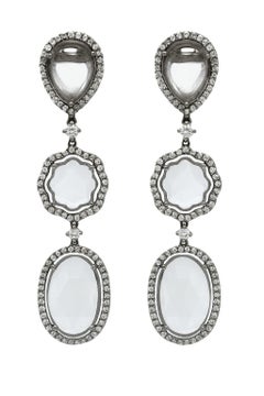 18kt White Gold Diamond and Colorless Quartz Crystal Earrings with Black Rhodium