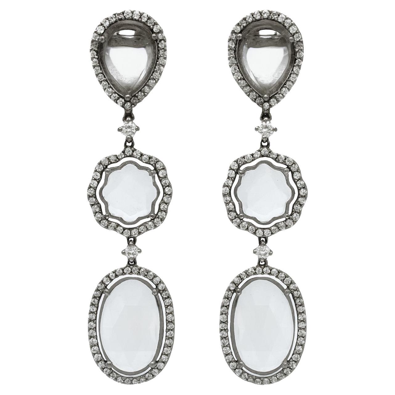 Pendientes de oro blanco de 18 quilates con diamantes y cristal de cuarzo incoloro con rodio negro en venta