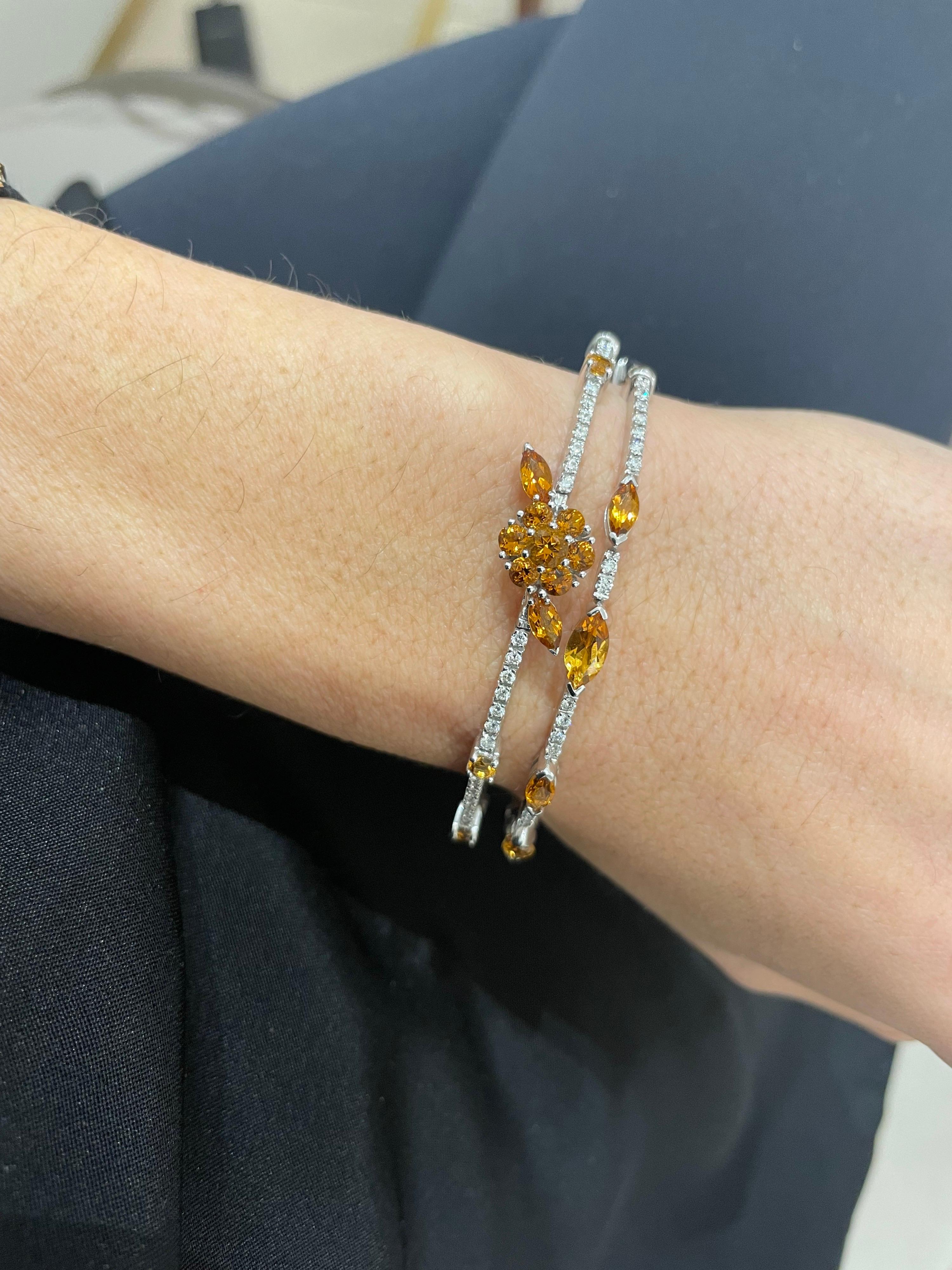 Women's or Men's 18KT White Gold Diamond and Marquis Citrine Flexible Bangle  For Sale