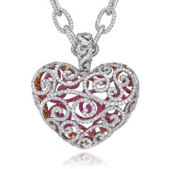 18 Karat White Gold Diamond and Pink Sapphire Heart on a Full Diamond Link Chain