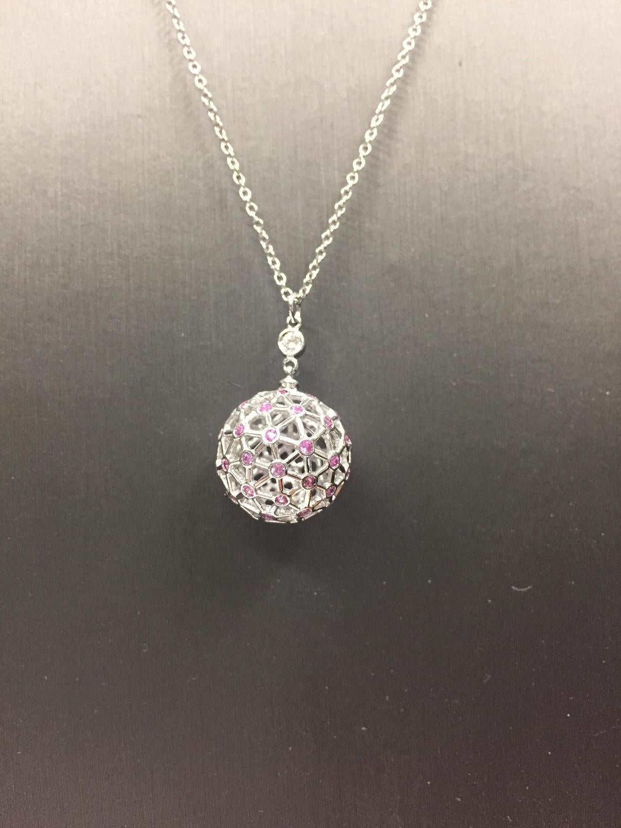 Round Cut 18 Karat White Gold Diamond and Pink Sapphires Garavelli Globo Pendant Necklace For Sale