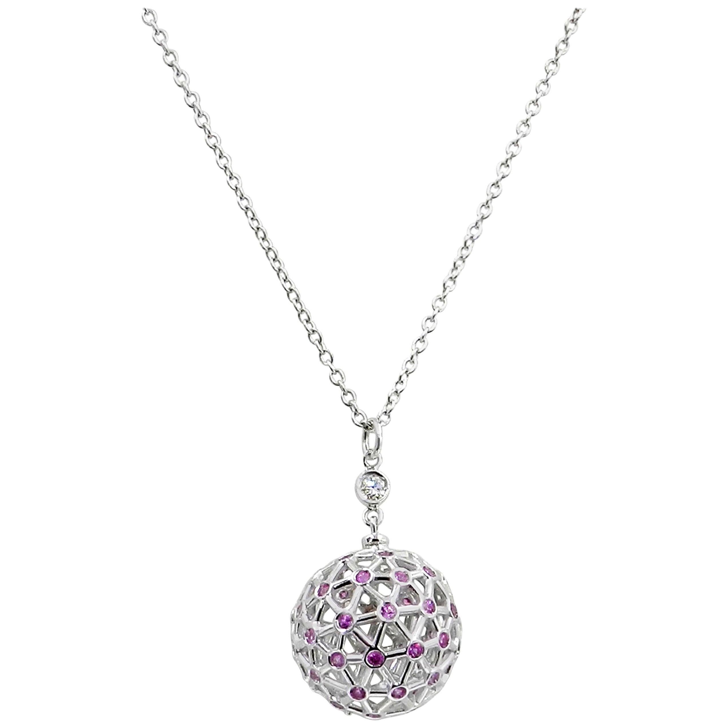 18 Karat White Gold Diamond and Pink Sapphires Garavelli Globo Pendant Necklace For Sale