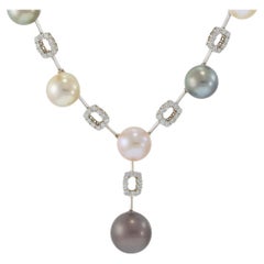 18KT White Gold Diamond and Tahitian Pearl Lariat Necklace