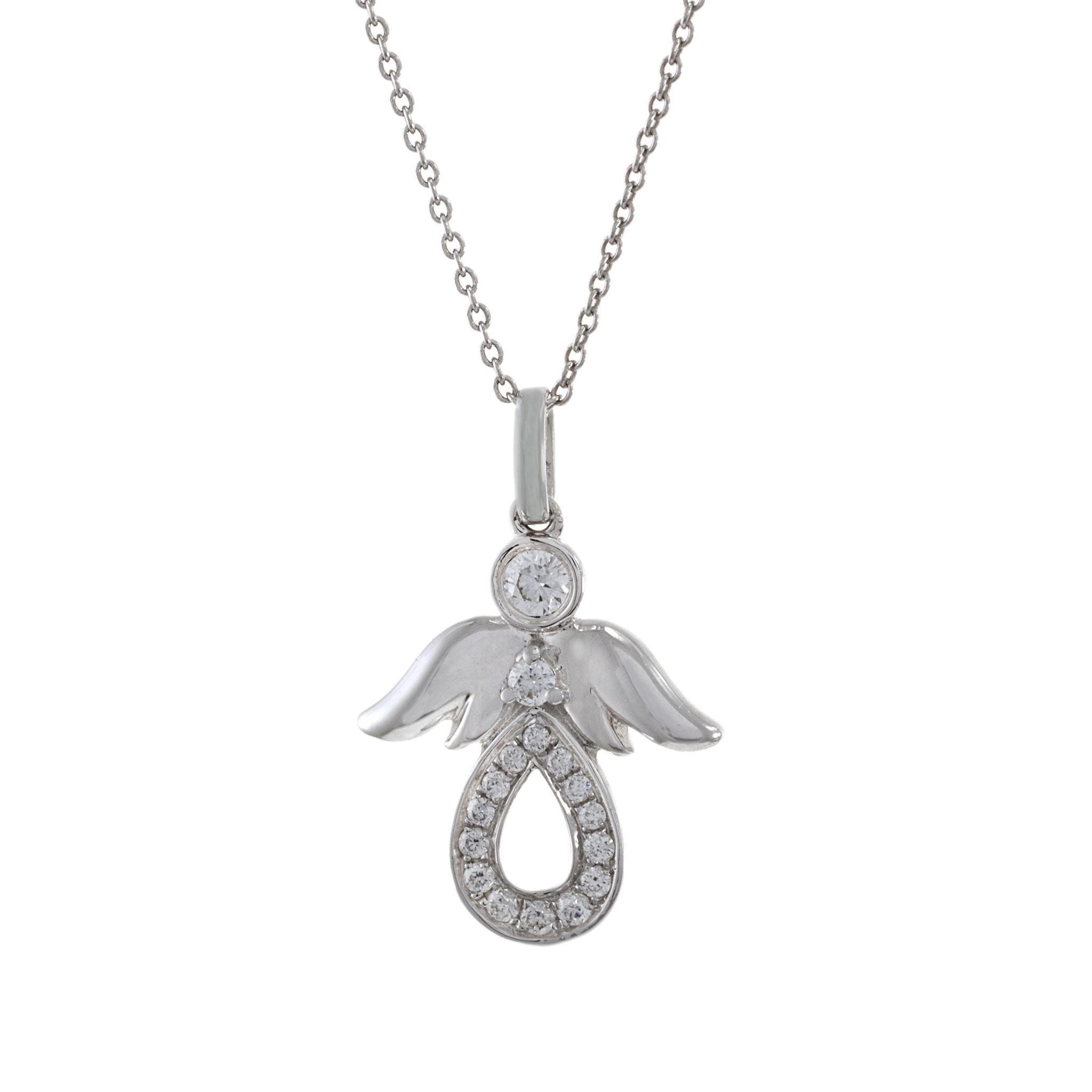 This beautiful Angel pendant is crafted with care from 18KT white gold and 0.13CT-TW of diamonds, creating an eye-catching and luxurious piece. Expertly designed and crafted for quality and visual appeal, this angelic pendant features 0.13 carats of