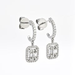 Natural Diamond 0.56 Carat 18KT White Gold Cluster Drop Half Hoop Dangle Earring
