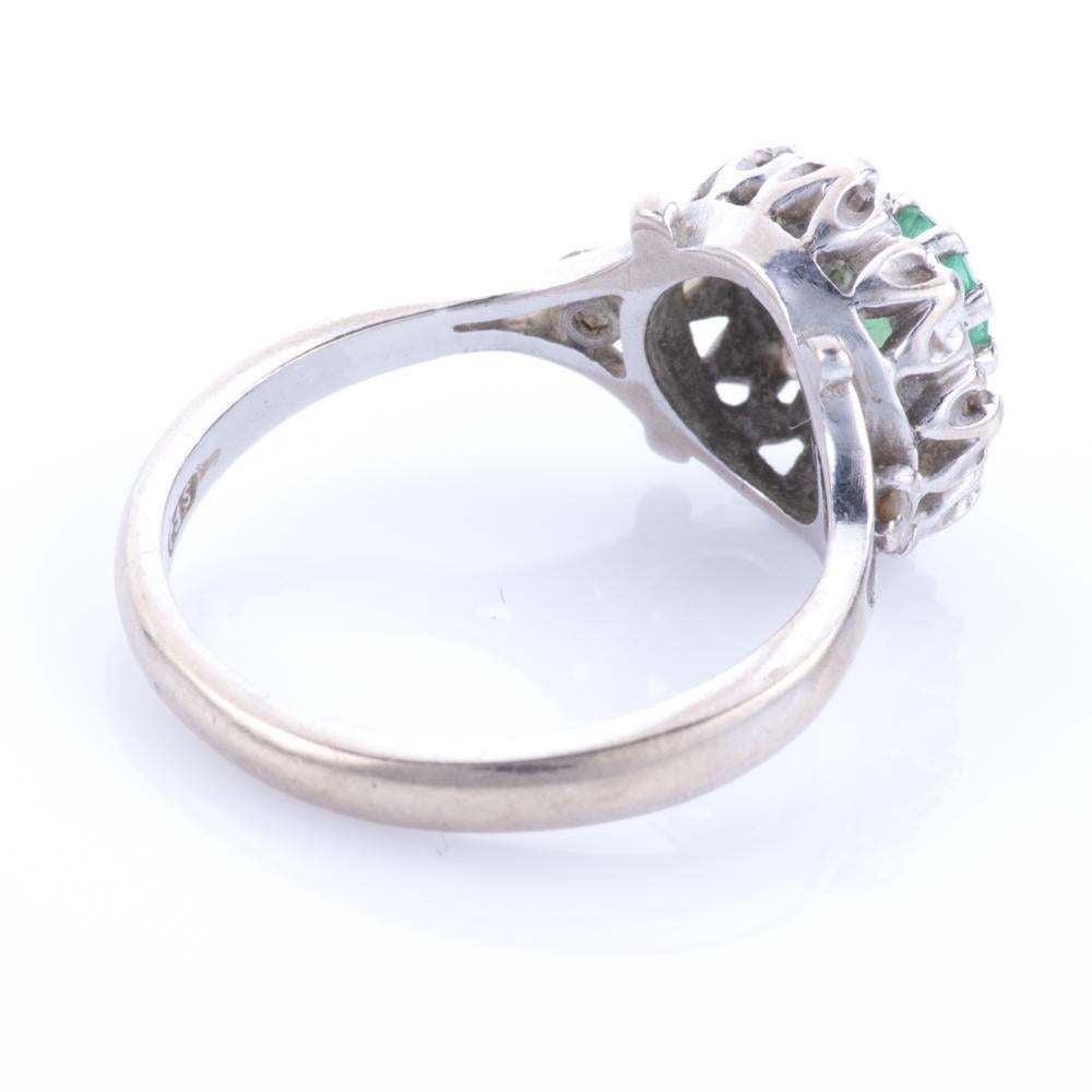 20th Century 18KT White Gold Diamond & Emerald Cluster Ring  For Sale