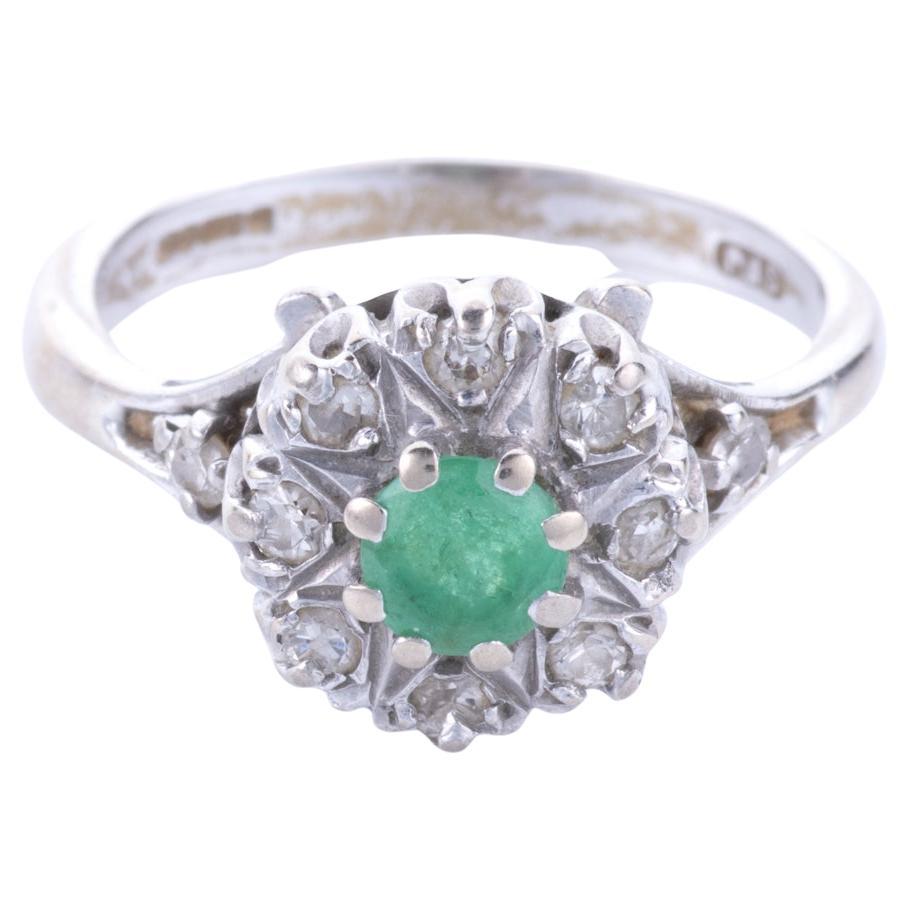 18KT White Gold Diamond & Emerald Cluster Ring  For Sale