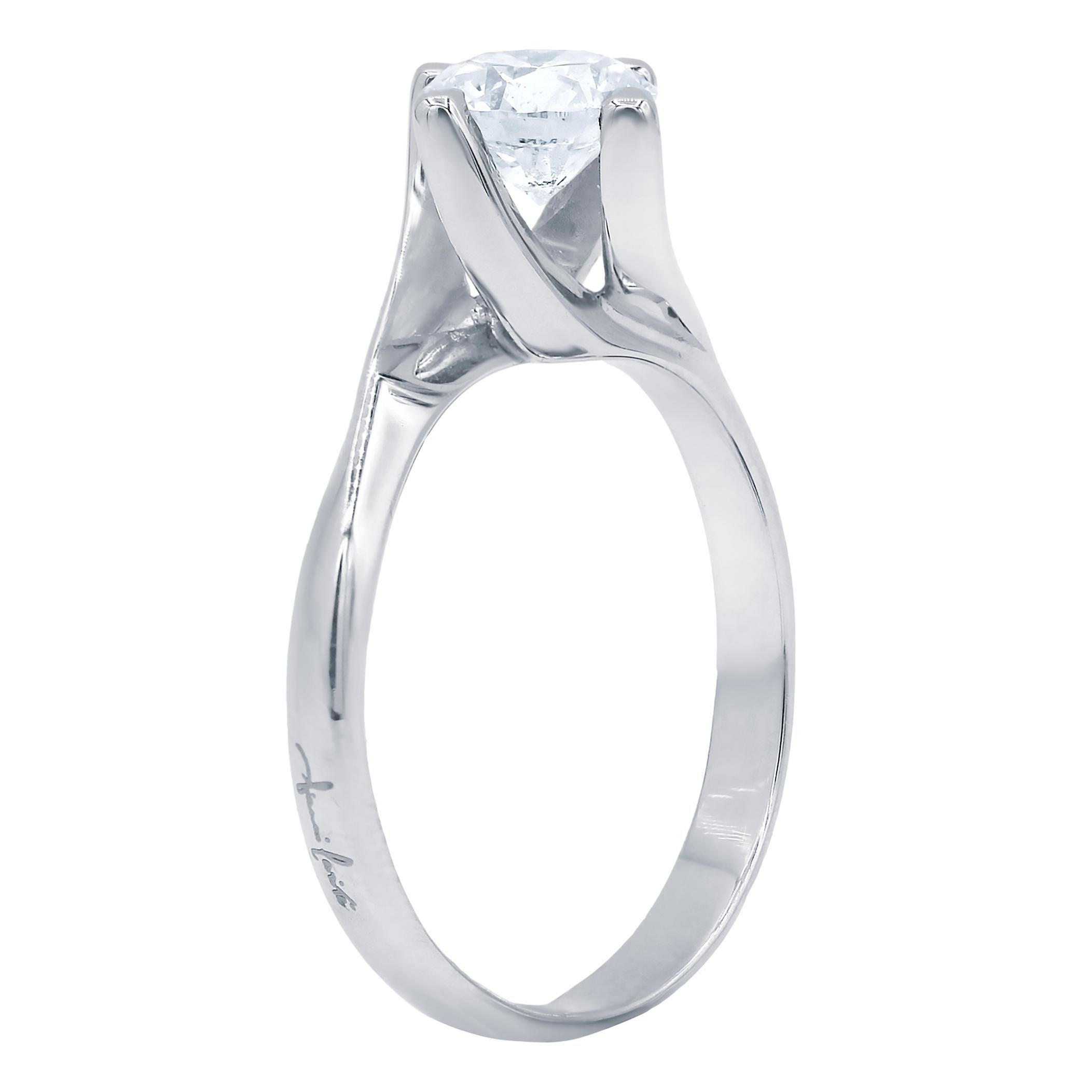 Taille ronde Bague de fiançailles en or blanc 18 carats avec diamant rond de 1,01 carat en vente