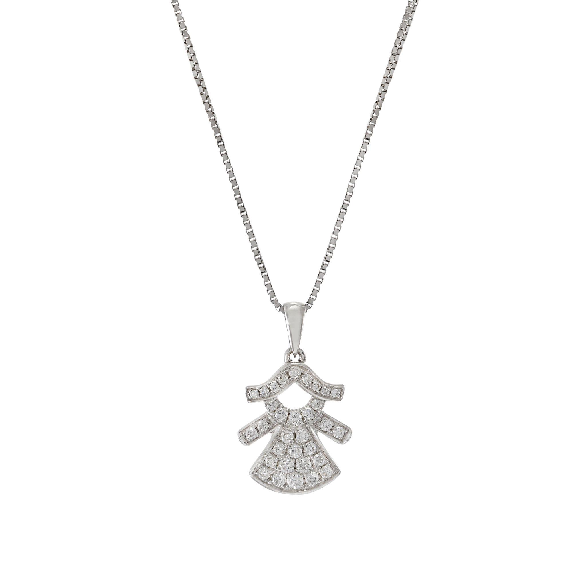 18KT white gold girl charm pendant consisting of 0.22CT-TW G-VS round brilliant diamonds. It's an exquisite piece of jewelry crafted with glittering white gold and 0.22CT-TW of round brilliant diamonds, perfect for that special moment. Length 16