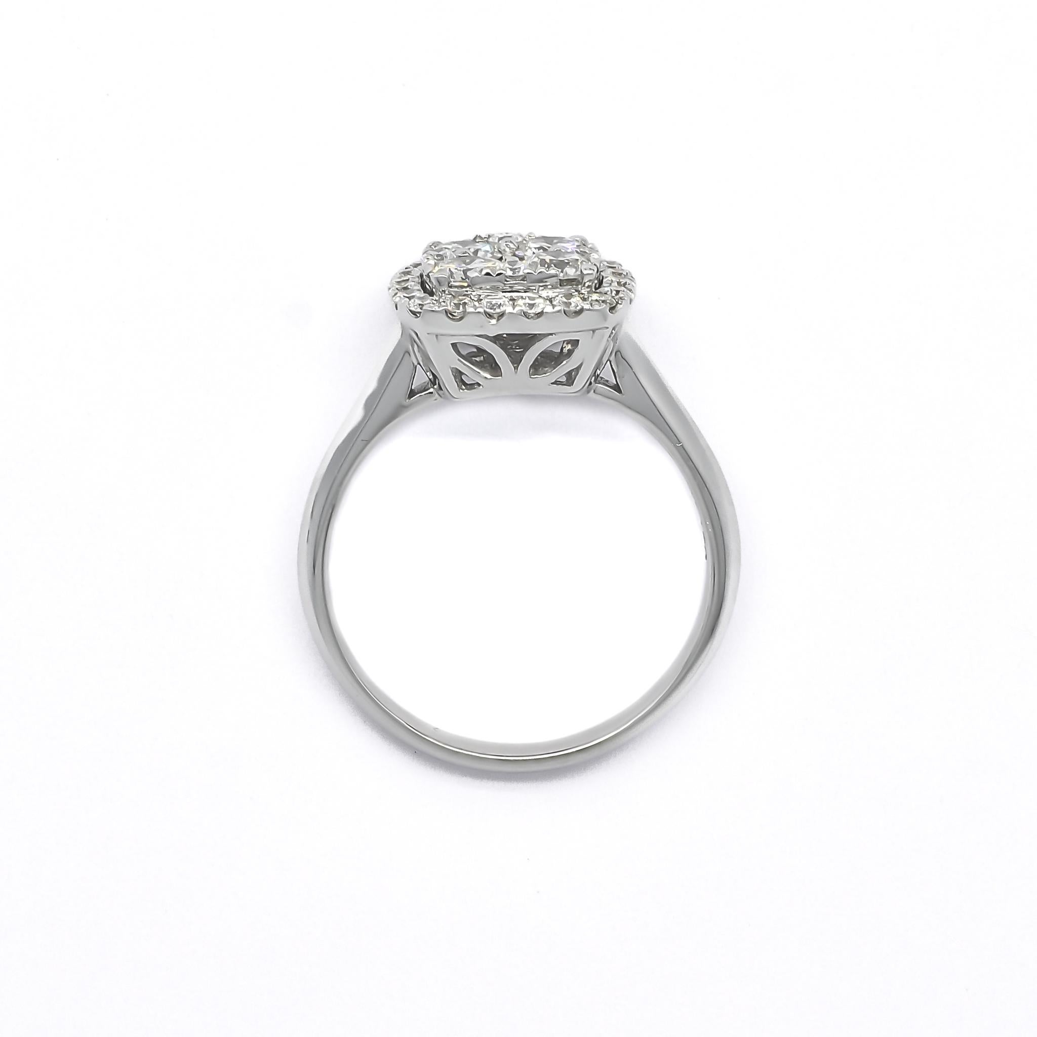 Art Nouveau 18 Karat White Gold Diamond Halo Cluster Bridal Modern Ring KR04138A For Sale