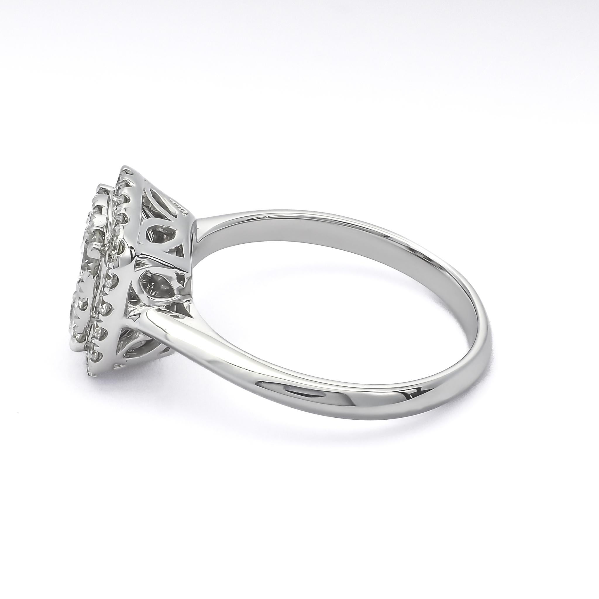 Brilliant Cut 18 Karat White Gold Diamond Halo Cluster Bridal Modern Ring KR04138A For Sale
