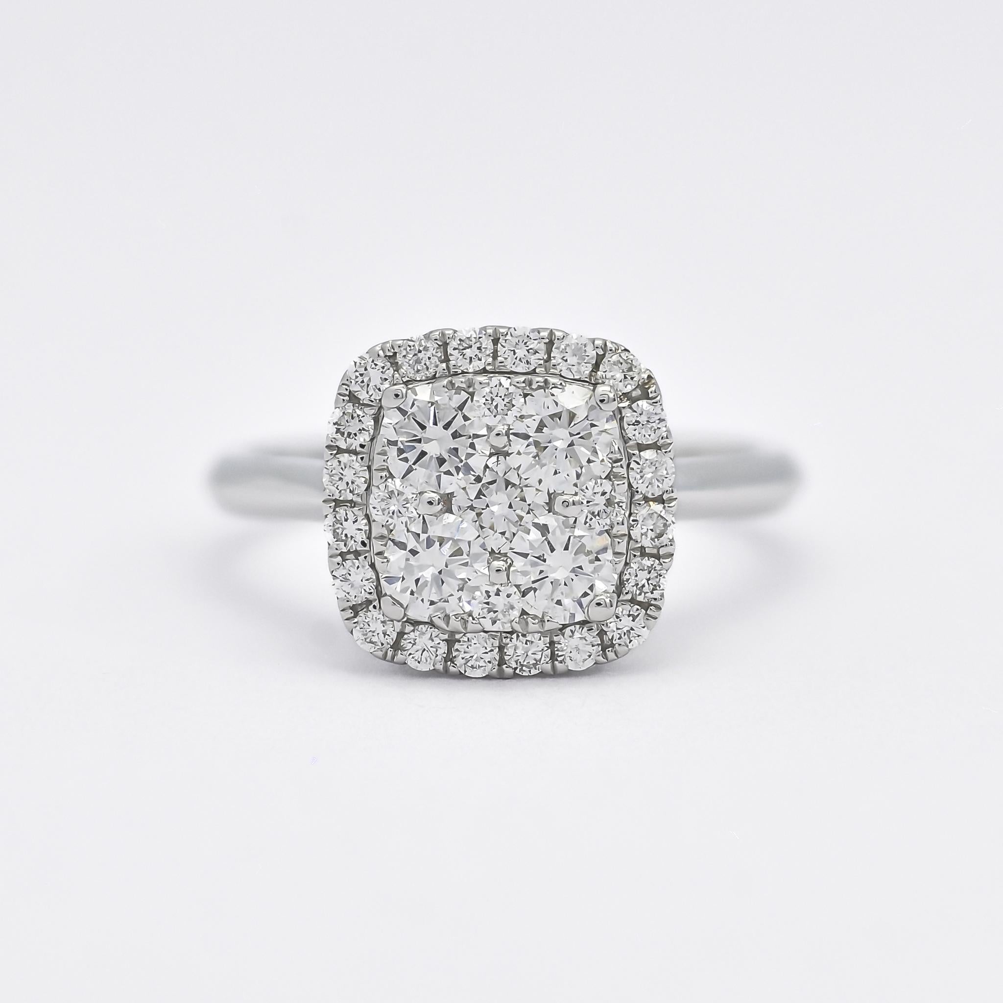 Women's 18 Karat White Gold Diamond Halo Cluster Bridal Modern Ring KR04138A For Sale