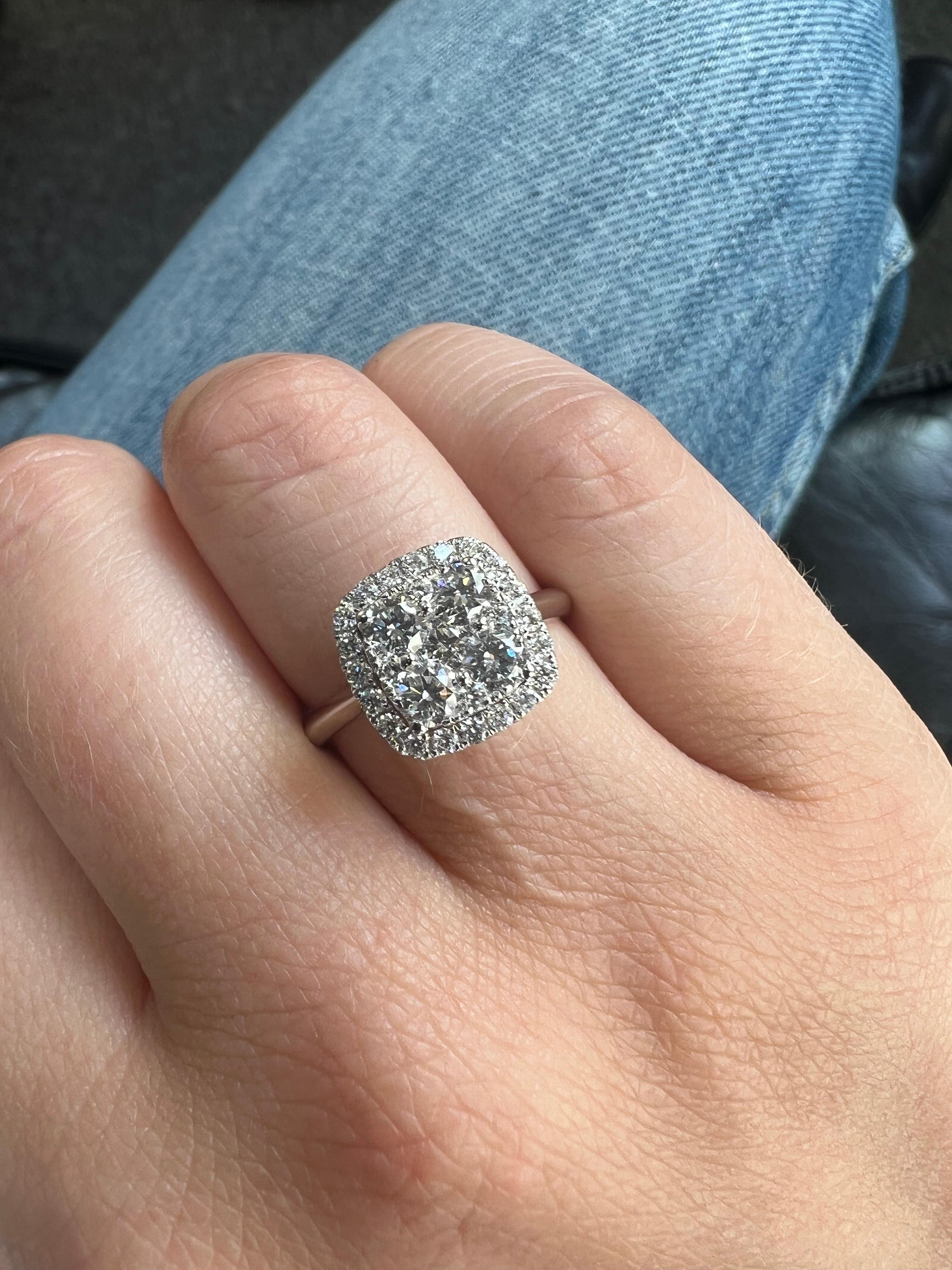 18 Karat White Gold Diamond Halo Cluster Bridal Modern Ring KR04138A For Sale 1
