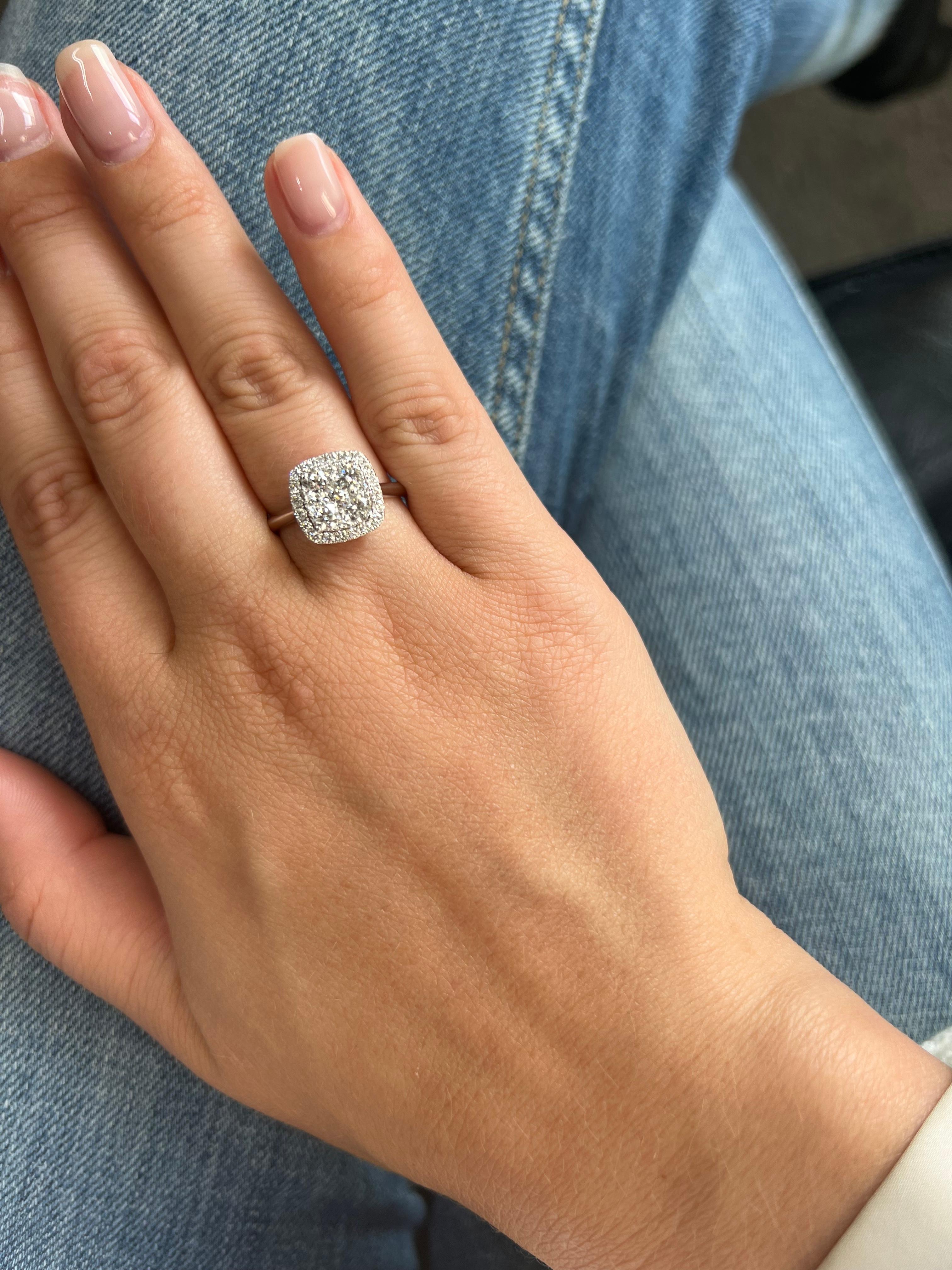 18 Karat White Gold Diamond Halo Cluster Bridal Modern Ring KR04138A For Sale 2