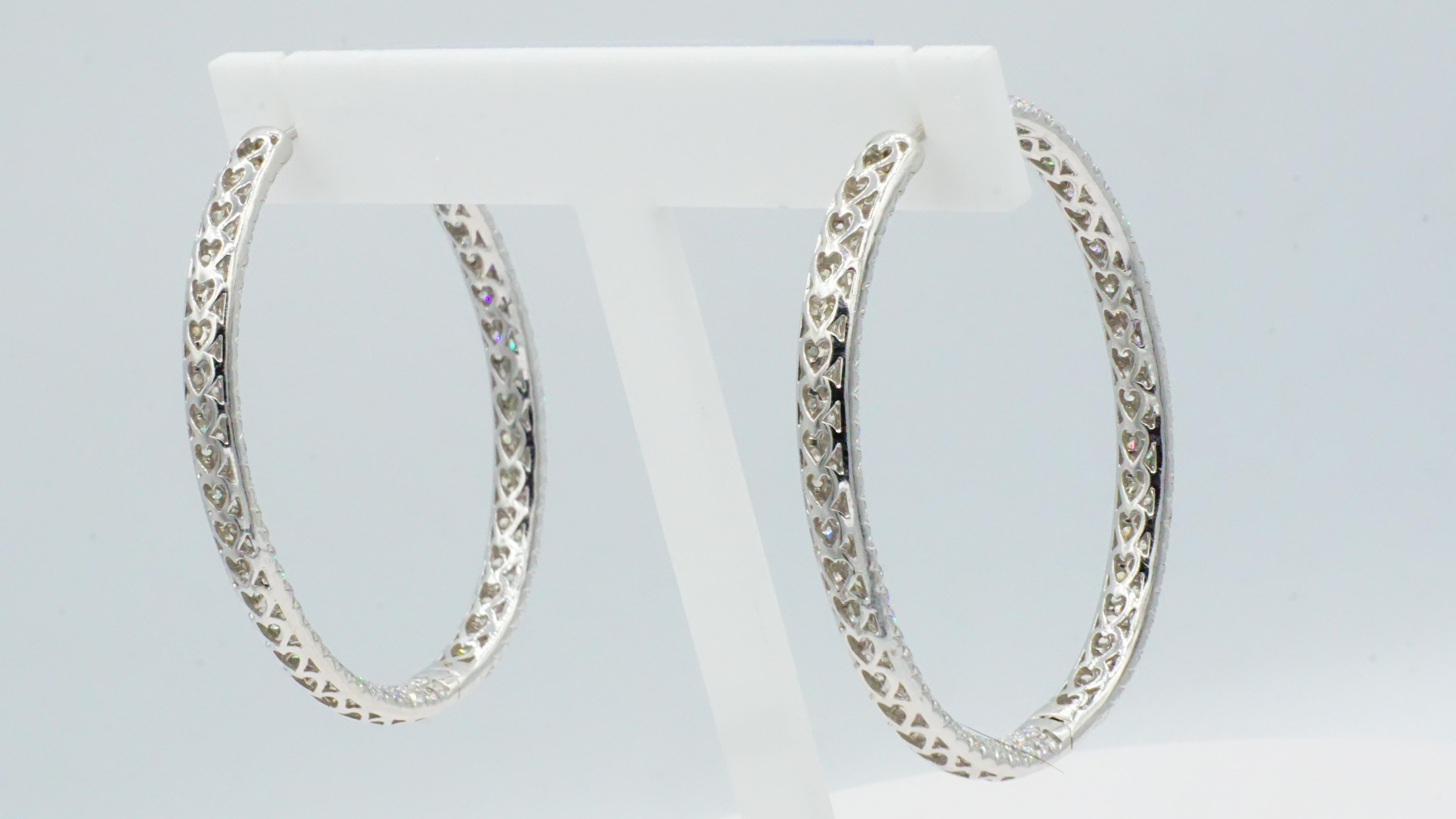Modern 18kt White Gold Pave Diamond Hoop Earrings, Hinged Oval, 10.80cttw., Like-New