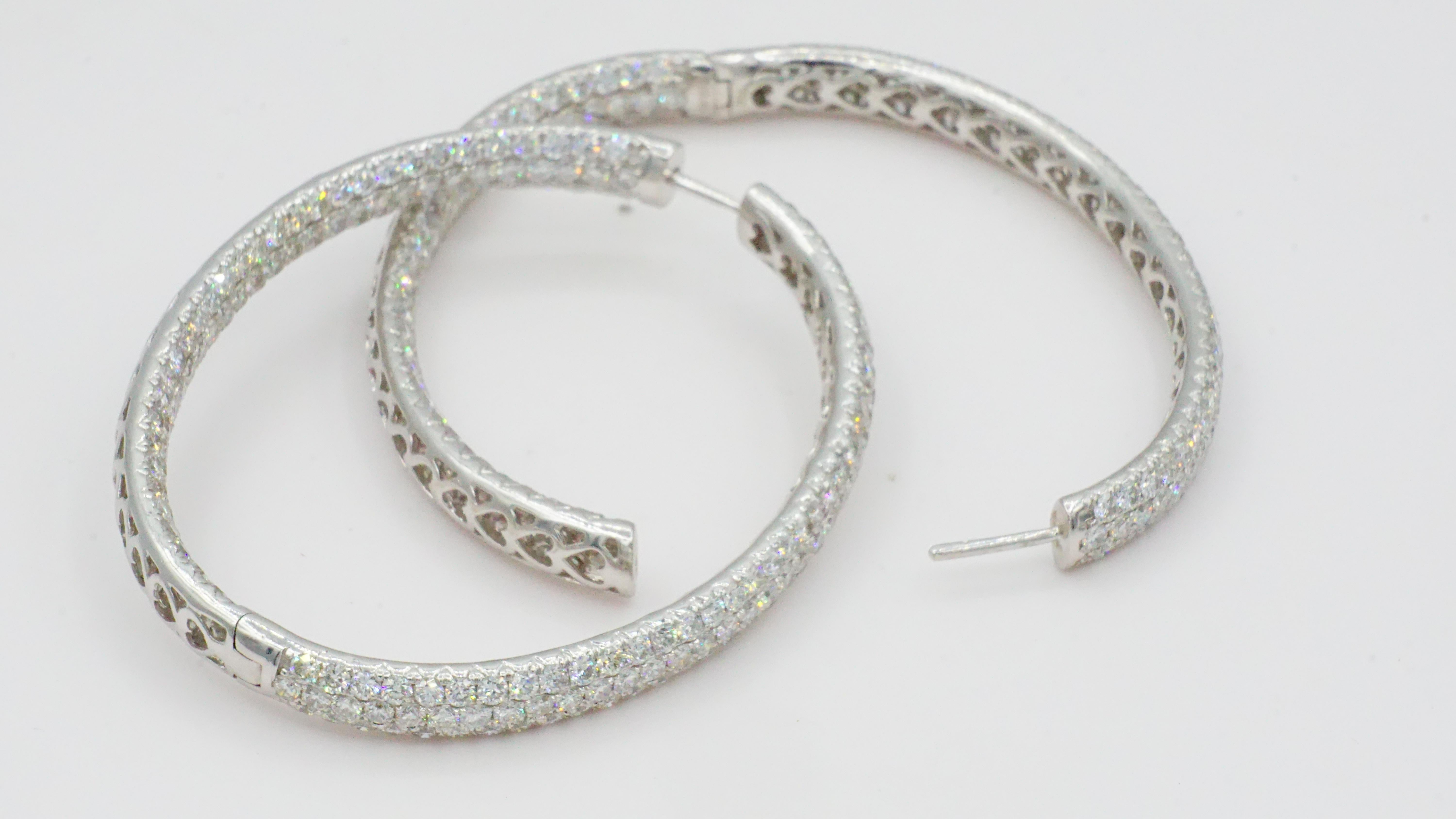 Round Cut 18kt White Gold Pave Diamond Hoop Earrings, Hinged Oval, 10.80cttw., Like-New