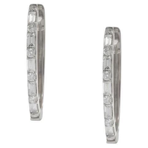 18KT White Gold Diamond Huggie Earrings with Round & Baguette Cuts