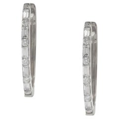 18KT White Gold Diamond Huggie Earrings with Round & Baguette Cuts