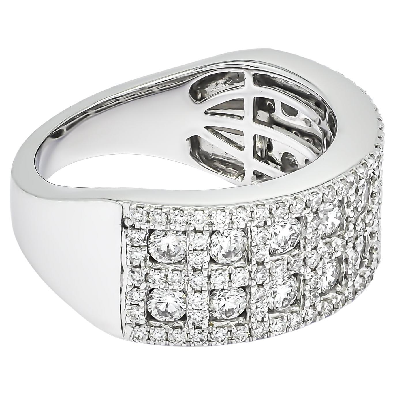 This ring is set in luxurious 18KT white gold with bold multi-row square setting with round Shape natural diamond. Her Heart Will Skip a Beat When She Sees this Handcrafted engraved Diamond Band. 

An Elegant Row of Round Diamonds Gleams Brightly