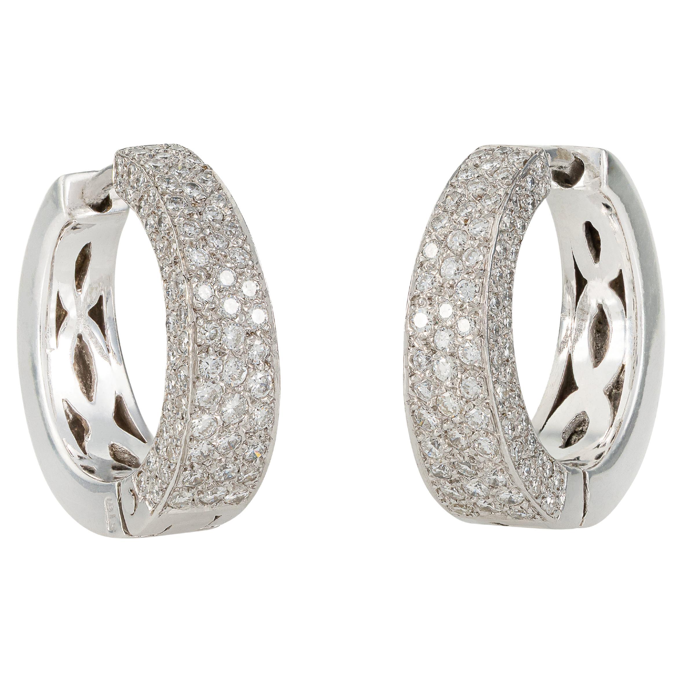 18kt White Gold Diamond Pavé Hoop Earrings, 202 Diamonds For Sale
