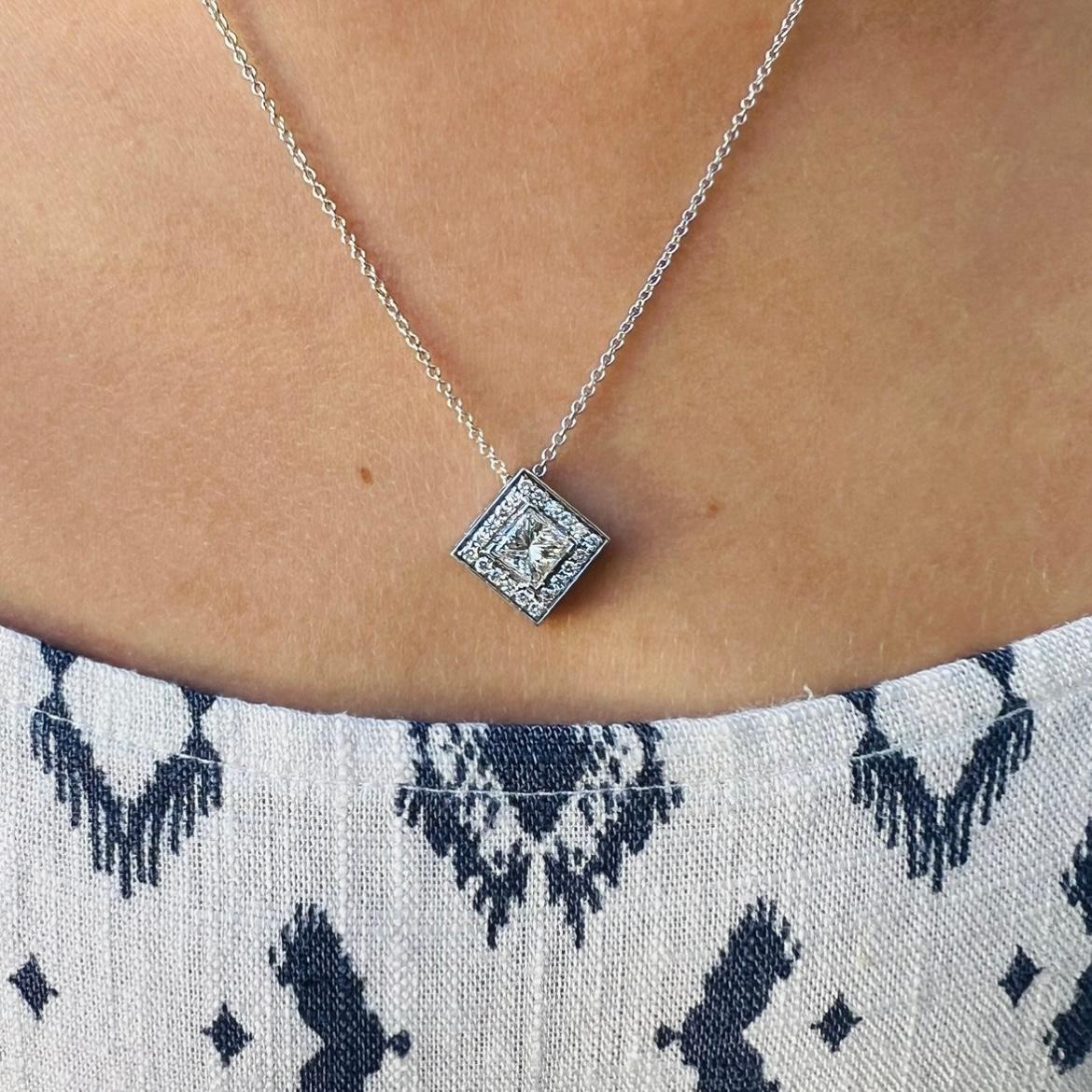 When you take a gorgeous natural diamond and set it in a unique way on a gorgeous white gold chain, you get a stunning piece of timeless jewelry that will be enjoyed for many years to come. This necklace features a delicate but strong 18 karat white