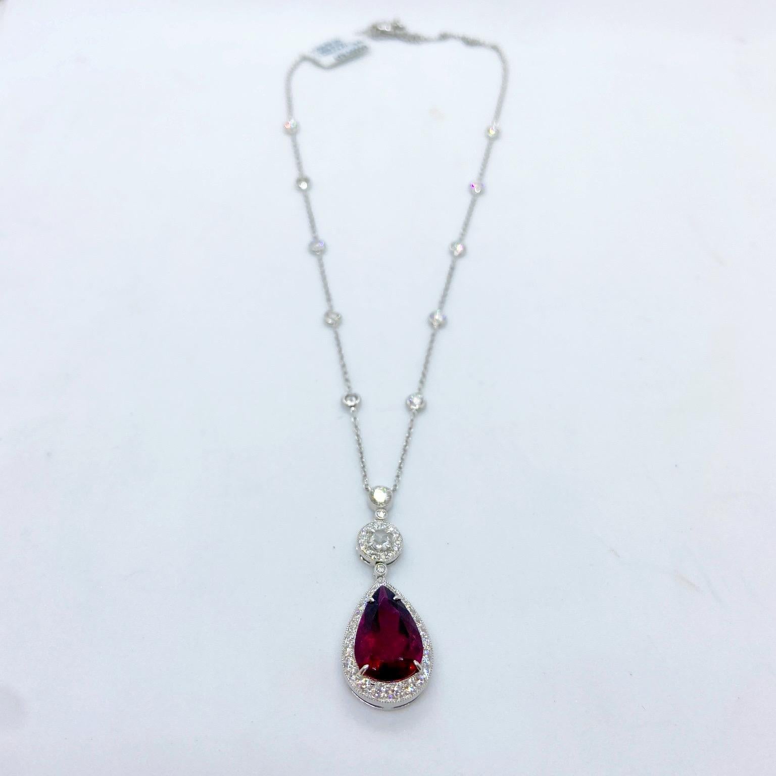 Romantic 18 Karat Gold and Diamond Pendant with 3.42 Carat Rubellite Pear Shaped Drop For Sale