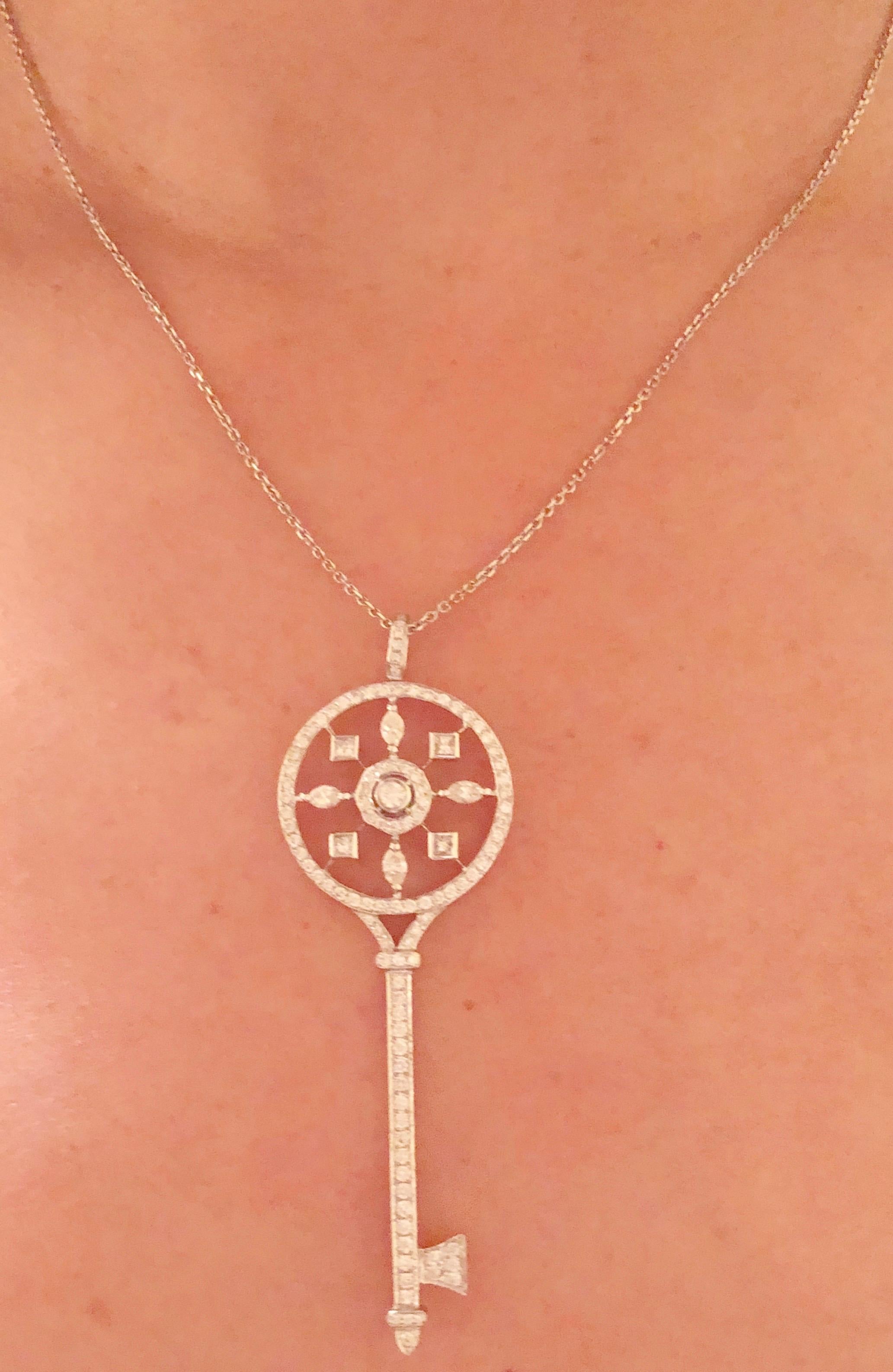 Art Deco 18 Karat White Gold and Diamond Petals Key Pendant Necklace, Tiffany & Co. Style