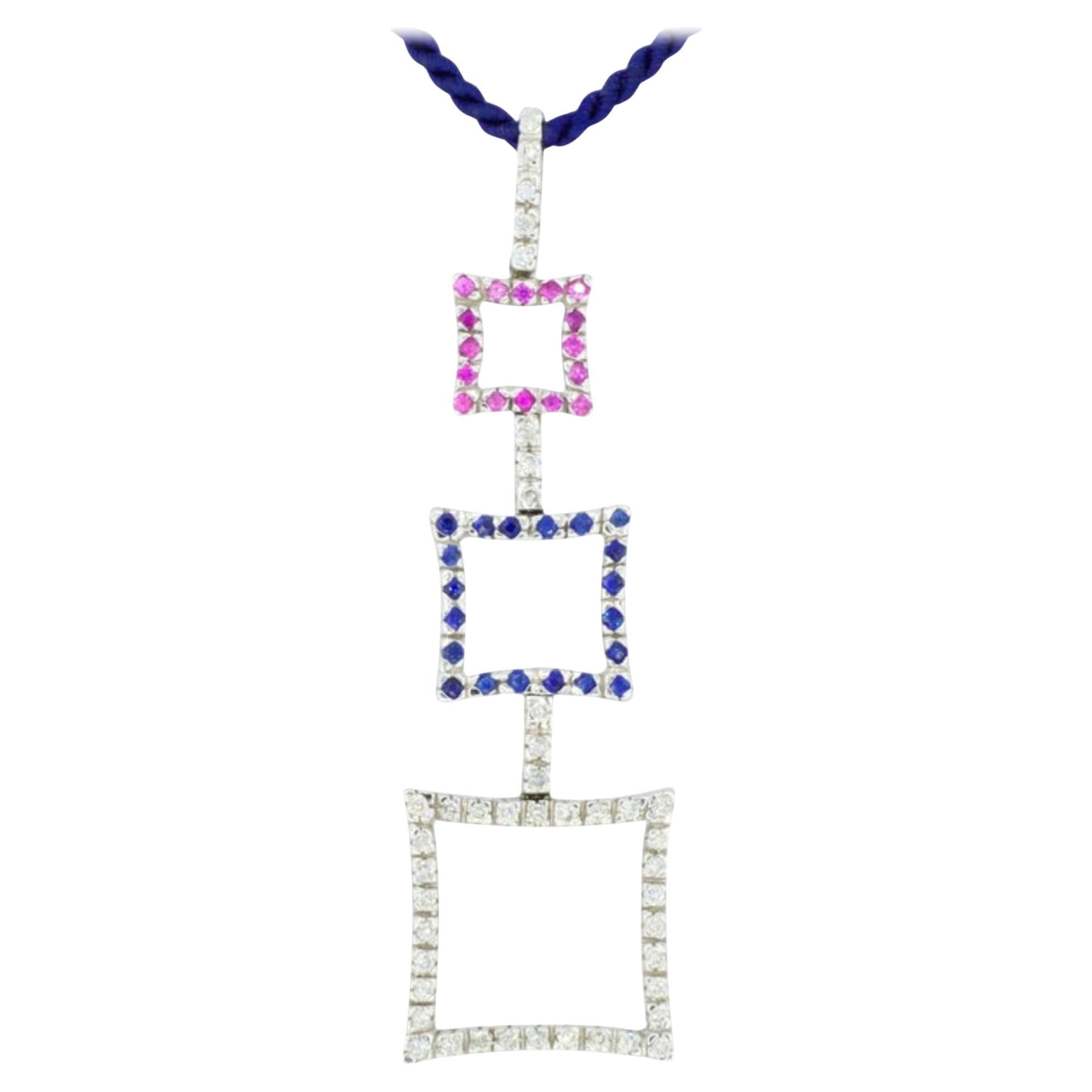 18 Karat Weißgold Diamant-, rosa-blauer Saphir-Anhänger, 15 Zoll, neu, Designer-Anhänger 8.6 gr