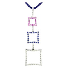 Colgante de oro blanco de 18 quilates con diamantes y zafiro azul rosa, 15 pulgadas, nuevo, diseñador 8,6 gr