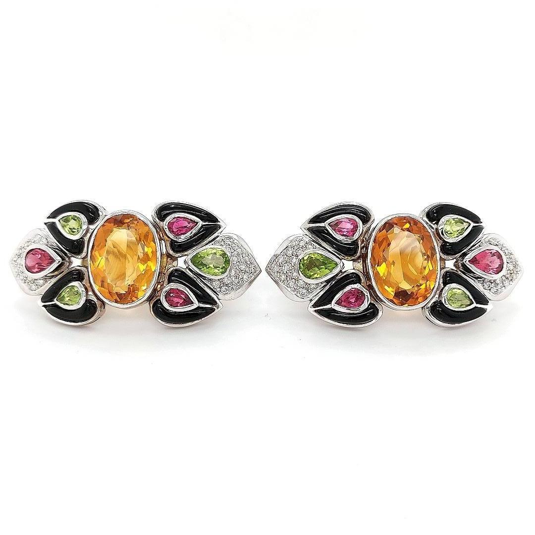 18 Karat White Gold Diamond & Precious Stones, Clip-On Earrings with Black Onyx For Sale 3