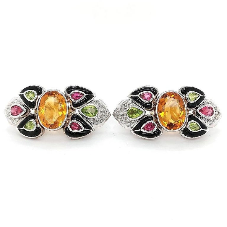 18 Karat White Gold Diamond & Precious Stones, Clip-On Earrings with Black Onyx For Sale 5