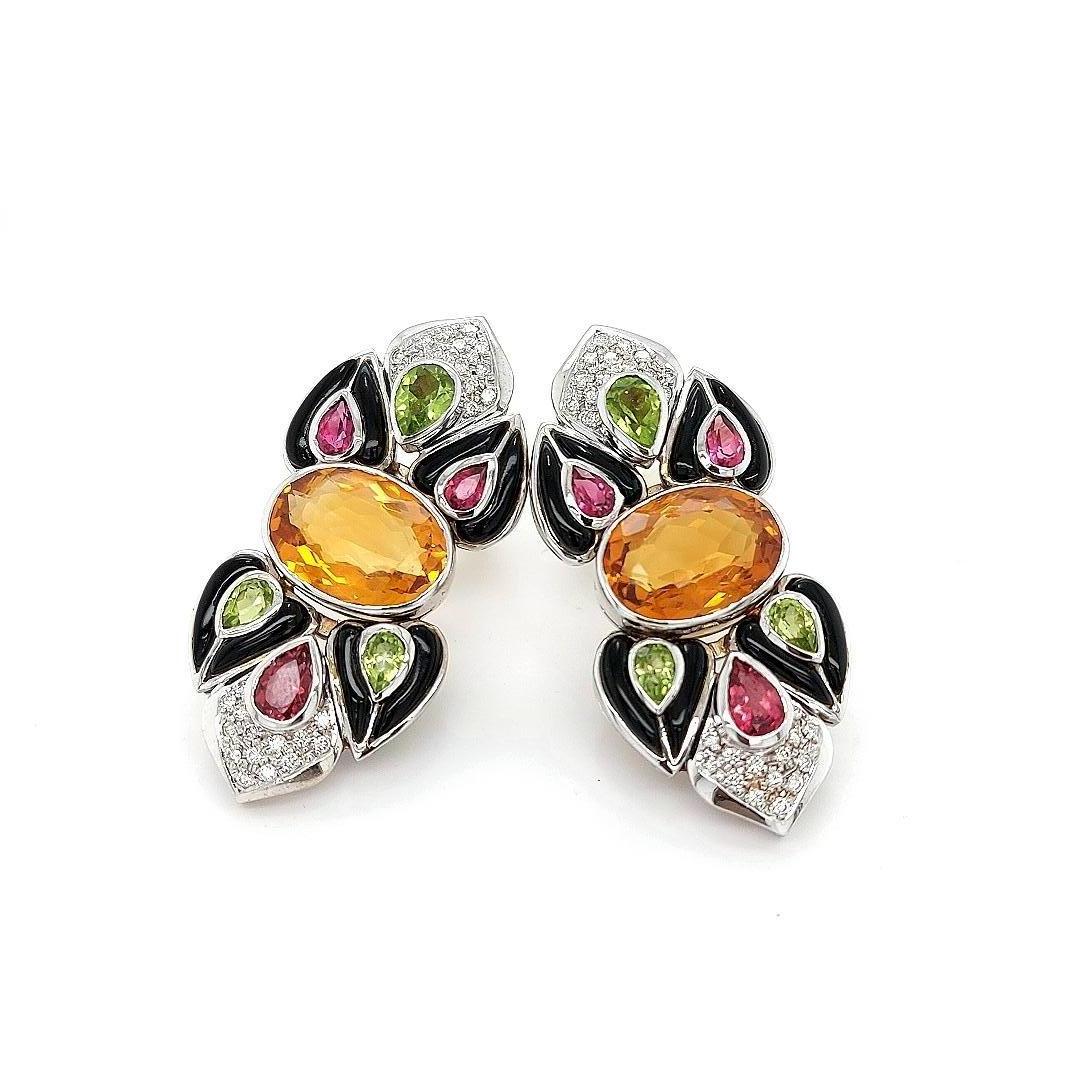 Orecchini con diamanti e pietre preziose in oro bianco 18 carati, orecchini a clip con onice nera in vendita 6
