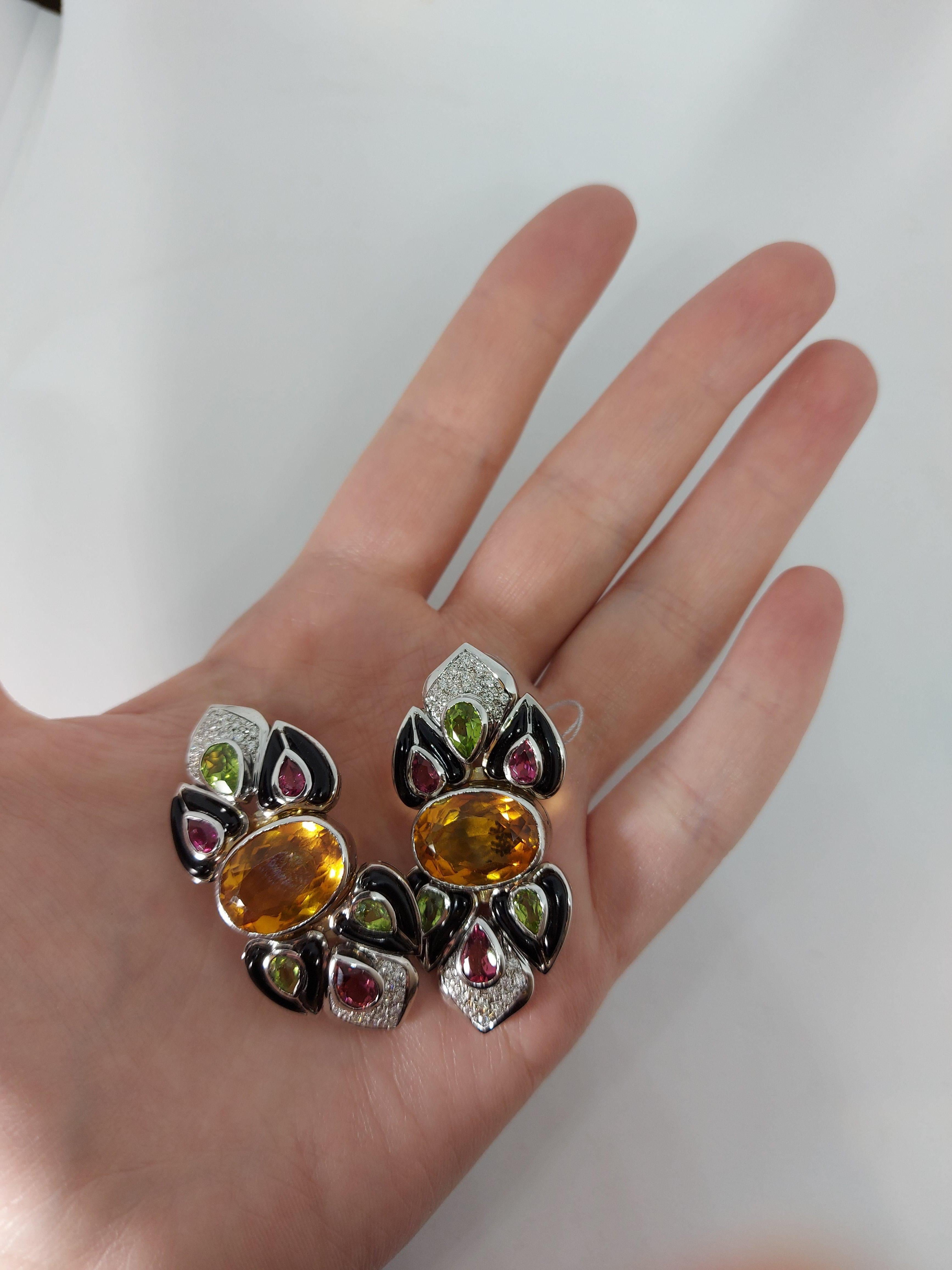 18 Karat White Gold Diamond & Precious Stones, Clip-On Earrings with Black Onyx For Sale 8