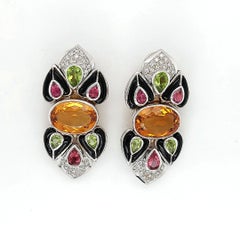 18 Karat White Gold Diamond & Precious Stones, Clip-On Earrings with Black Onyx