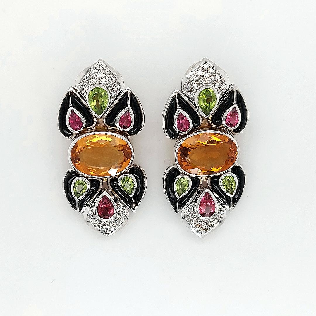 Artisan 18 Karat White Gold Diamond & Precious Stones, Clip-On Earrings with Black Onyx For Sale