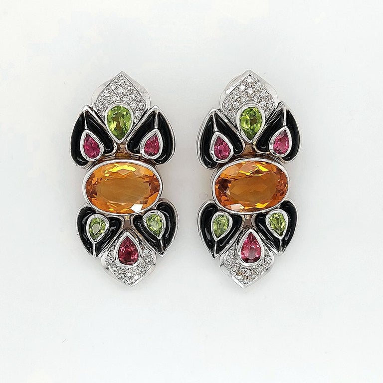 18 Karat White Gold Diamond & Precious Stones, Clip-On Earrings with Black Onyx In Excellent Condition For Sale In Antwerp, BE