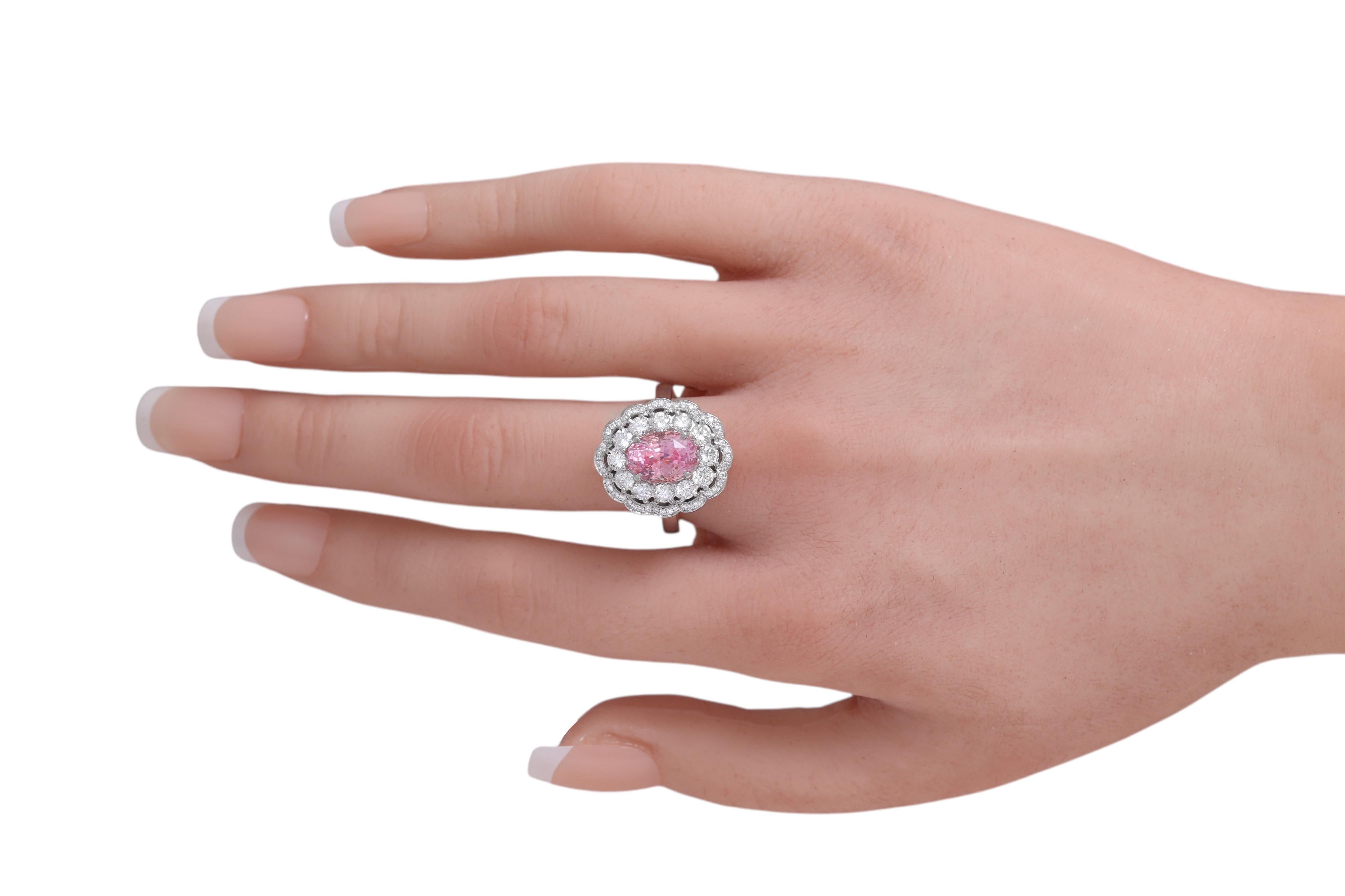18kt White Gold Diamond Ring 4.06ct Sapphire No Heat Padparadscha SSEF Certified For Sale 6