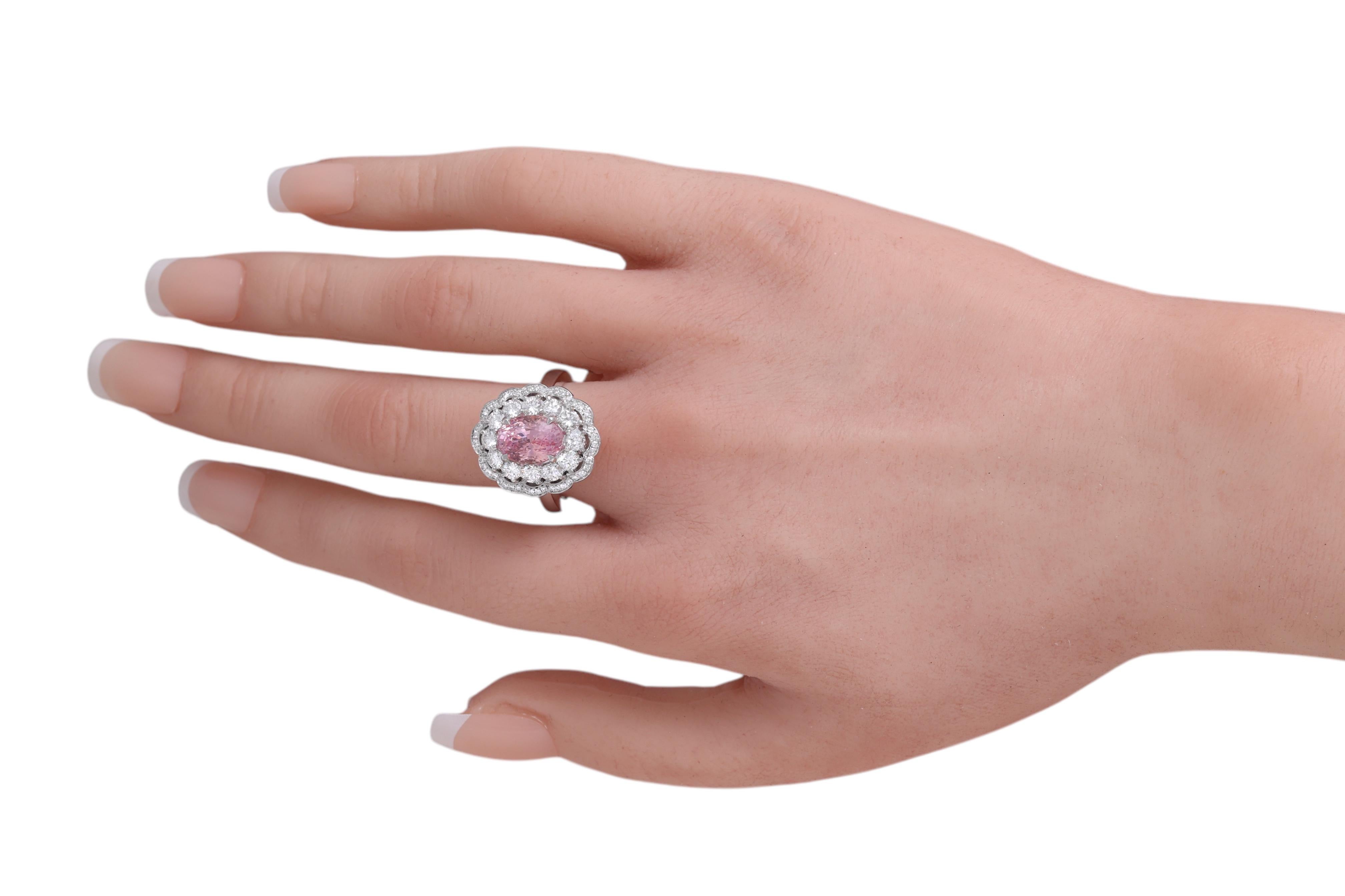 18kt White Gold Diamond Ring 4.06ct Sapphire No Heat Padparadscha SSEF Certified For Sale 8