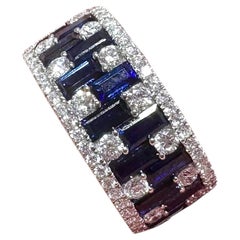 18KT White Gold Diamond Ring with Baguette-Cut Sapphires