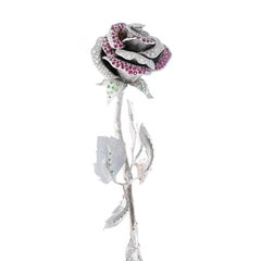 18 Karat White Gold, Diamond, Ruby and Tsavorite Long Stem Rose, One of a Kind