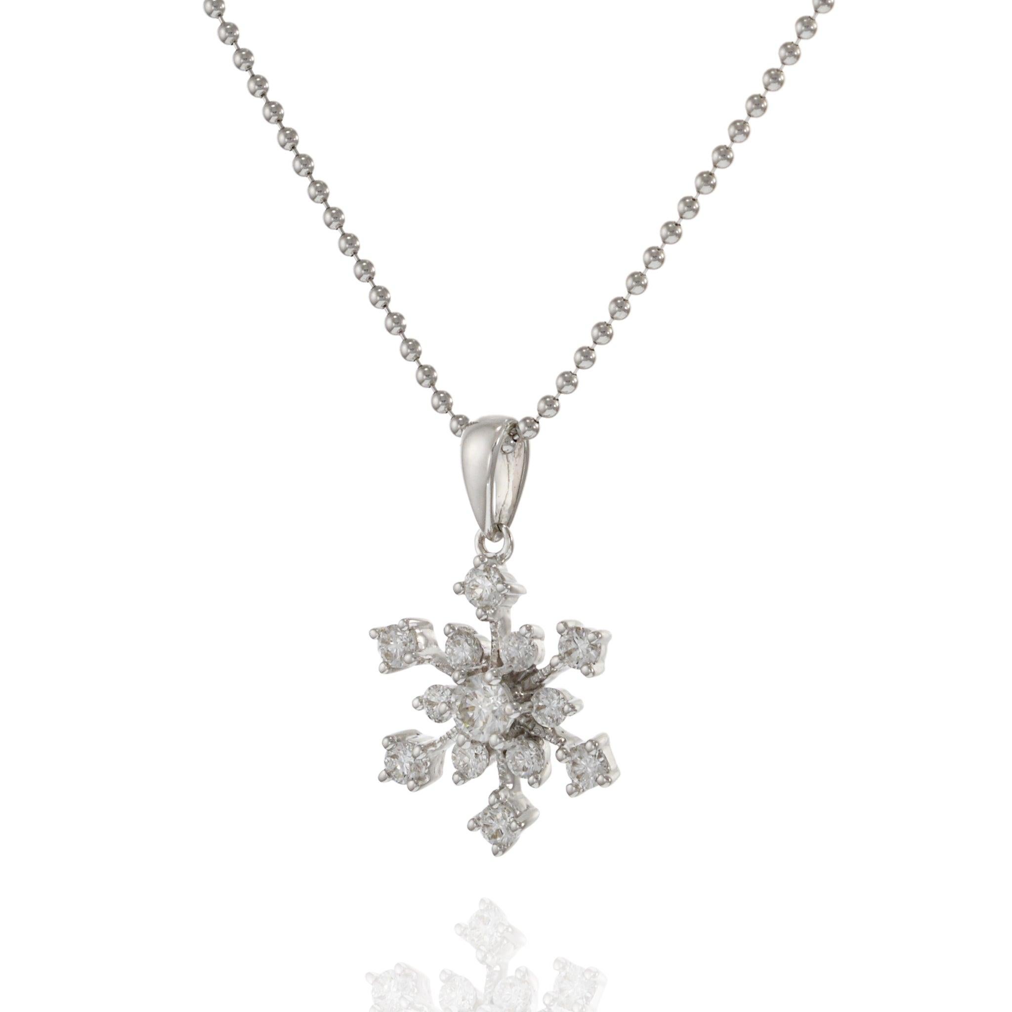 Round Cut 18KT White Gold Diamond Snowflake Pendant With Chain For Sale