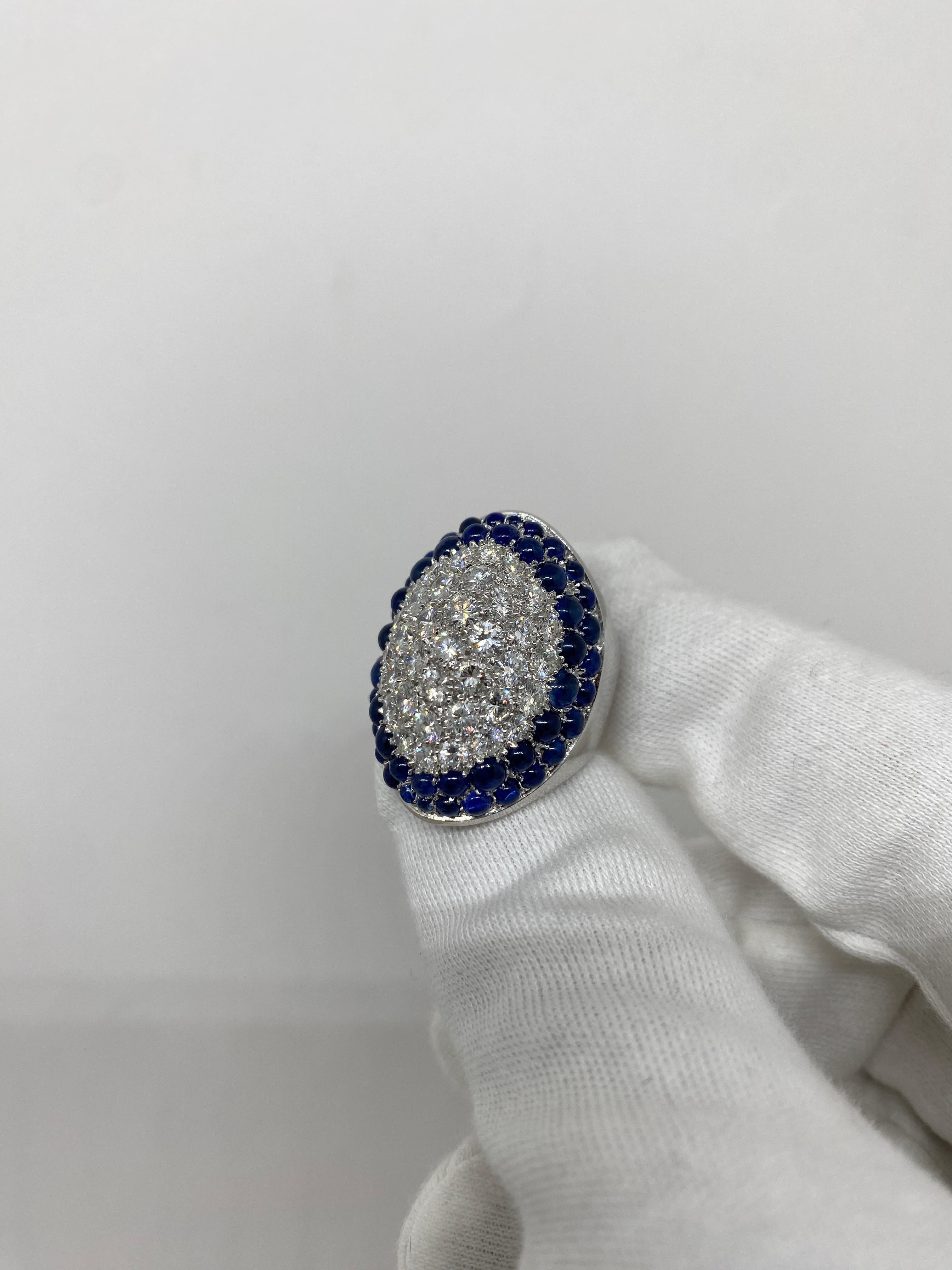 Brilliant Cut 18Kt White Gold Diamonds 3.97ct & Blue Cabochon Sapphires Pavé 6.2ct For Sale
