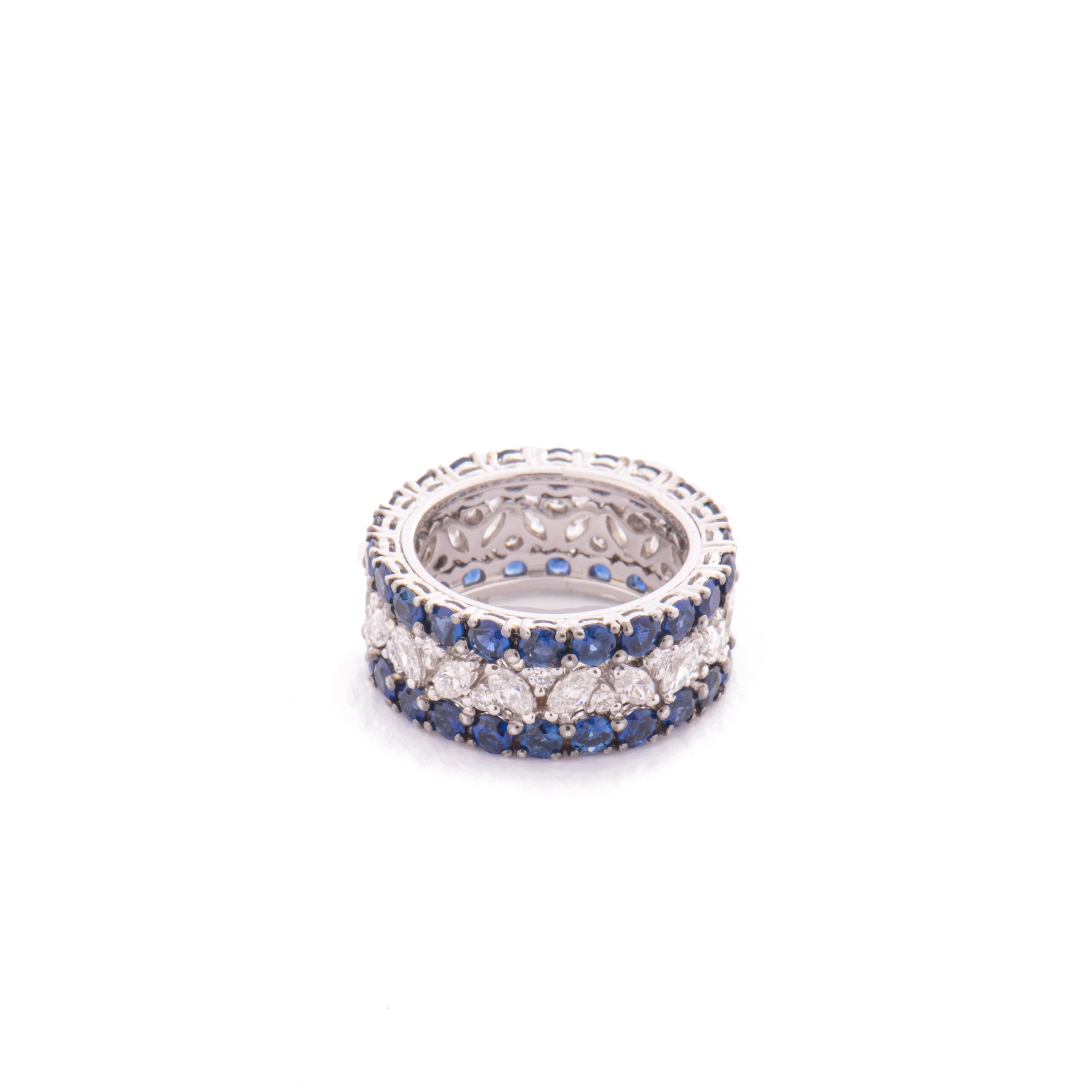 Contemporary 18 Karat White Gold, Diamonds and Sapphires Band Ring