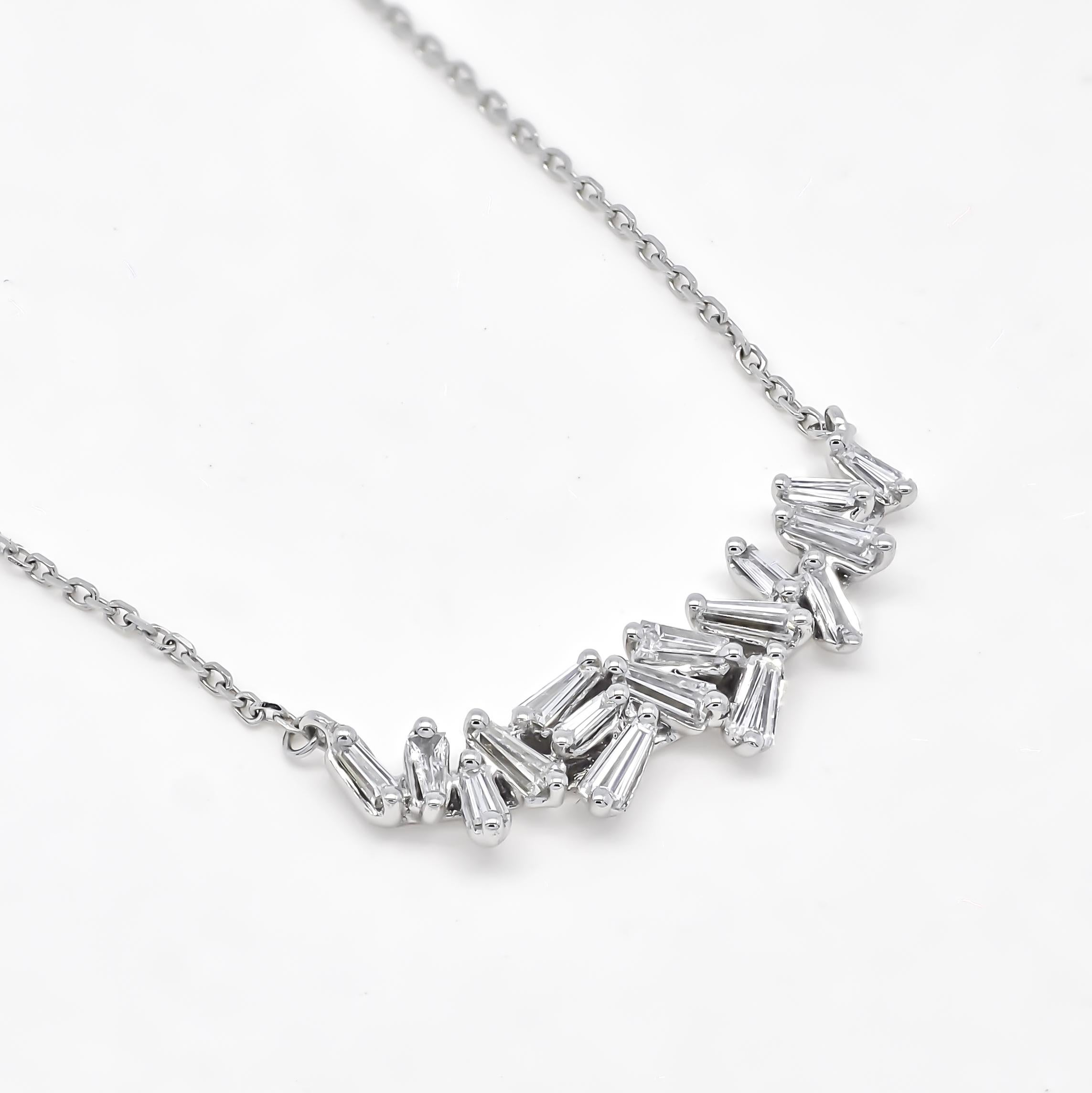 Baguette Cut 18KT White Gold Diamonds Baguette Diamond Cluster Bar Art Deco Pendant Necklace For Sale