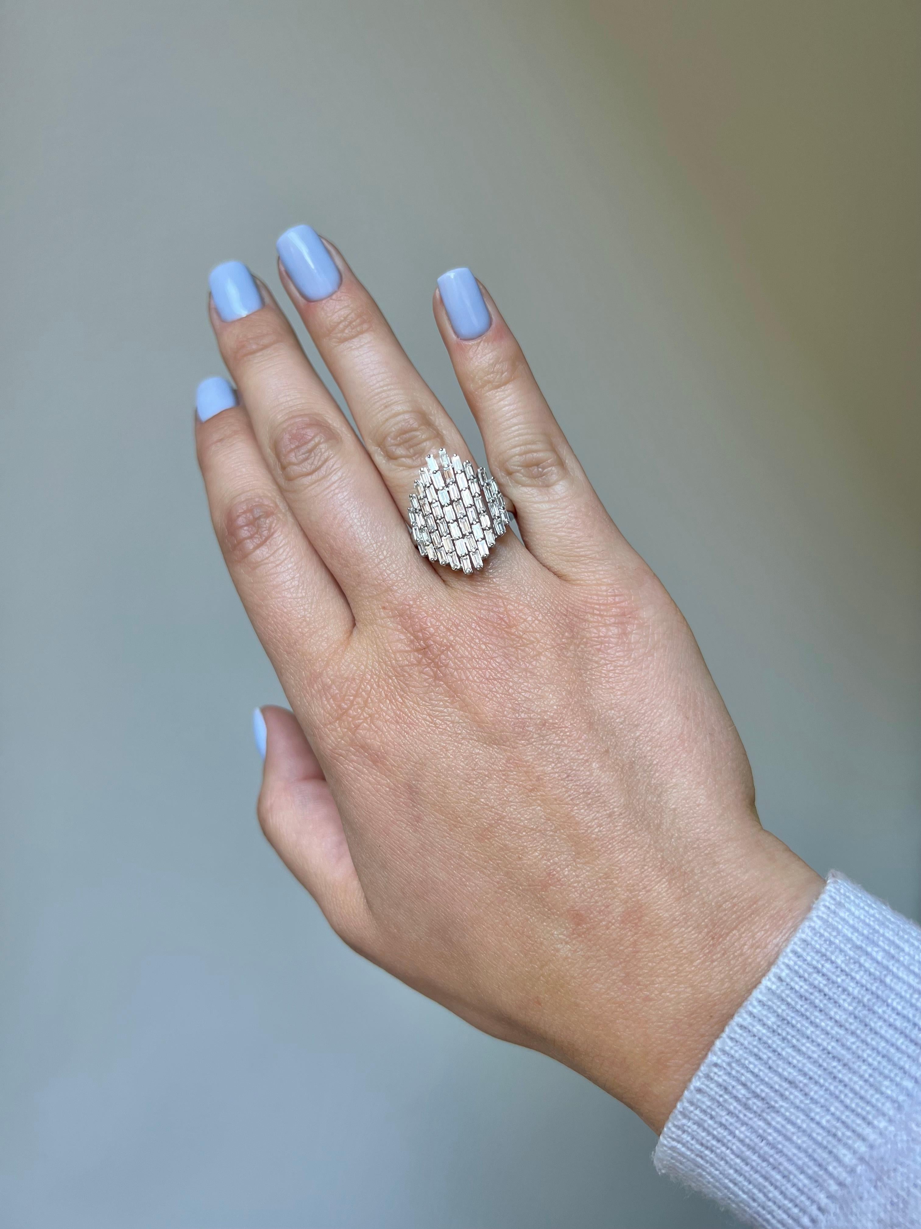 Baguette Cut 18KT White Gold Diamonds Baguette Multi Art Deco Steeple Shape Statement Ring For Sale