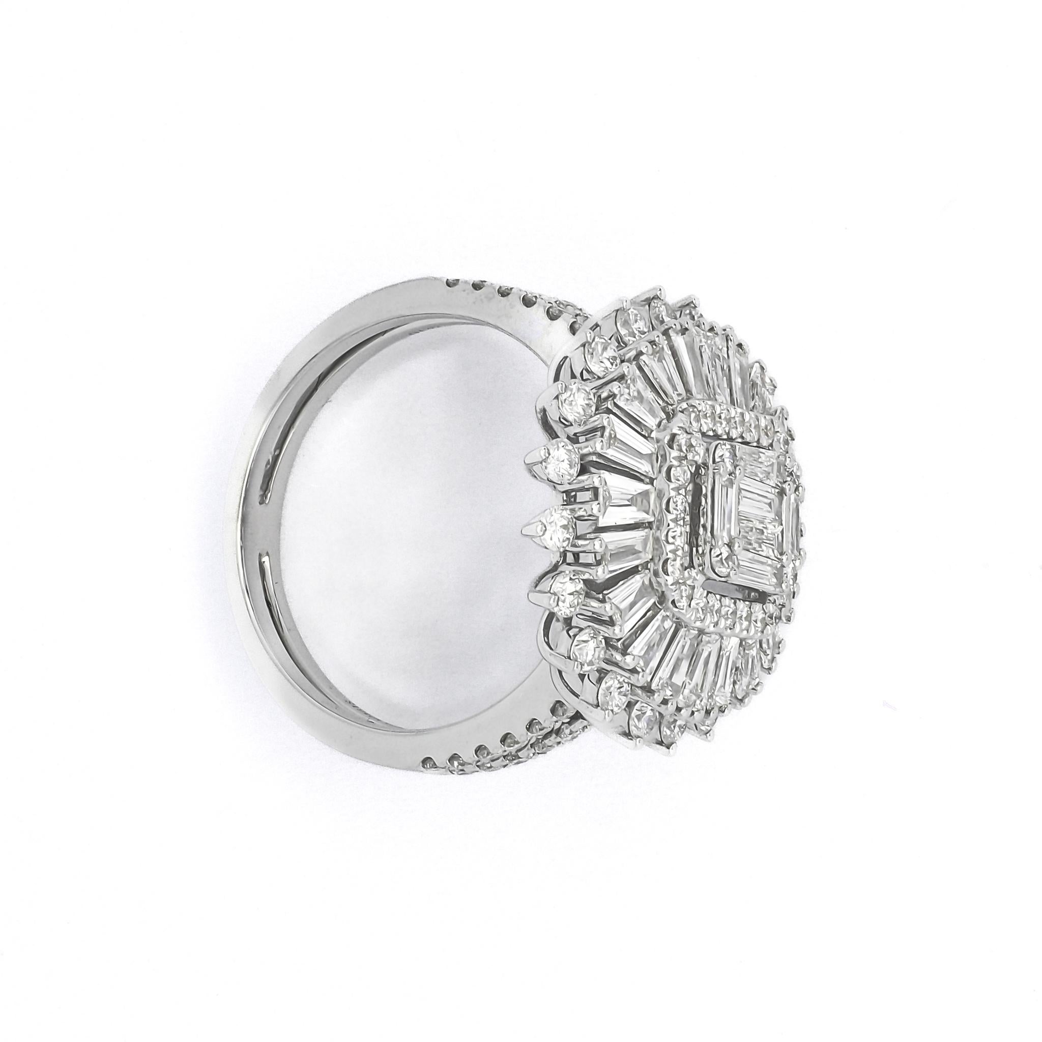The Baguette Cluster in the middle with the halo and star burst ring stands as a striking testament to bold sophistication and contemporary elegance. 

The noteworthy 1.72-carat diamond weight adds a sense of opulence and glamour to the ring,